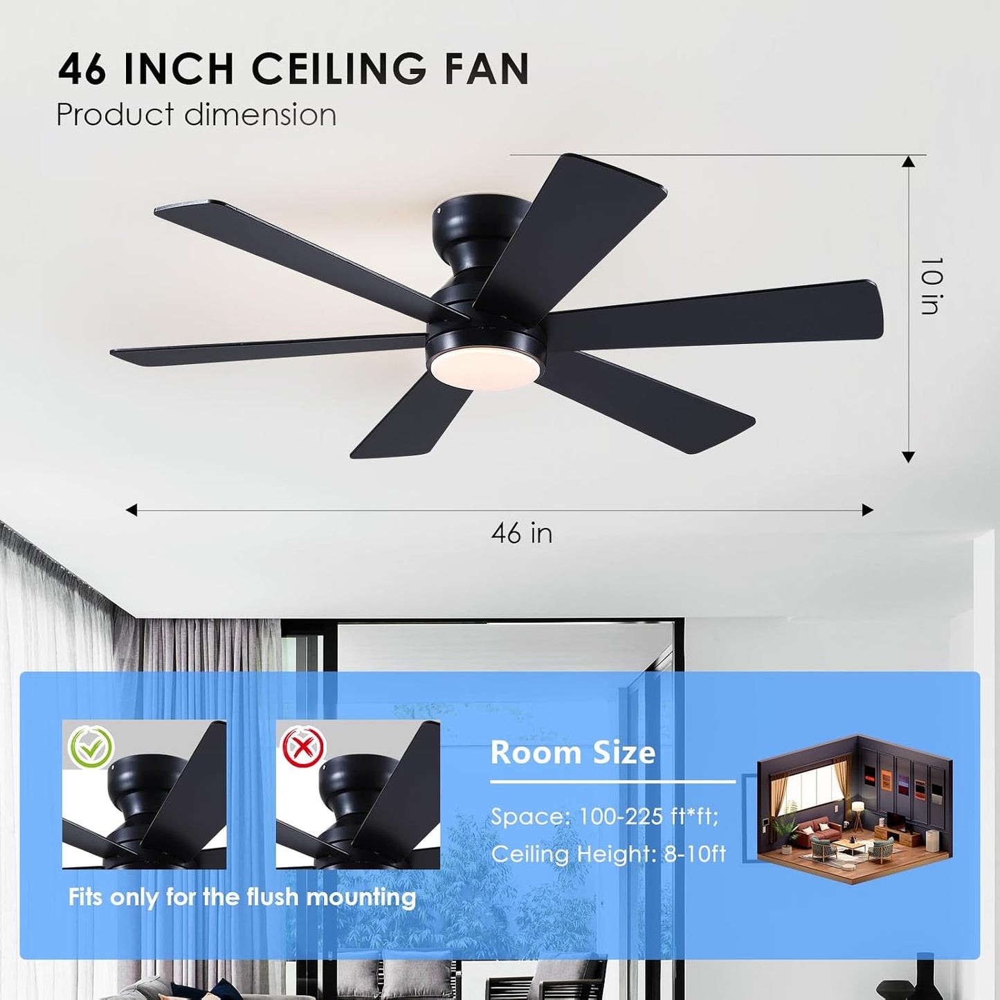 Asyko 46"Black 6-Blade Modern Low Profile Ceiling Fan with Light and Remote | 6 Double-Sided Blades,6 Wind Speeds, Reversible,Dimmable 3 CCT LED Light, 25W Quiet DC Motor,1/2H Timer,for Bedroom Kitchen