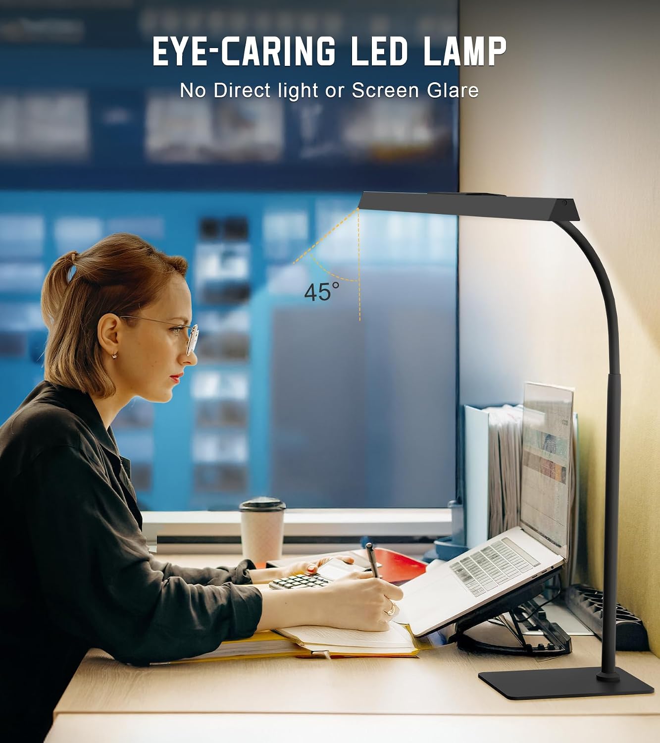 LED Desk Lamp for Home Office with Base, Eye-Caring Desk Light 12W, Black | Tall Lamp for Computer Monitor Task Reading, Adjustable Gooseneck, 5 Dimmable Brightness & Color, USB Touch Control, Timer