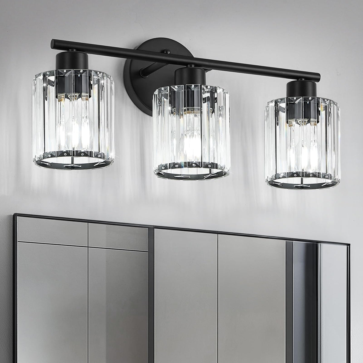 Modern Brushed Nickel Crystal Bathroom Light Fixtures,3-Light | Bathroom Lighting Fixtures over Mirror,Vanity Lights for Mirror, Restroom(Ceramic E26 Socket,Bulbs Not Include)