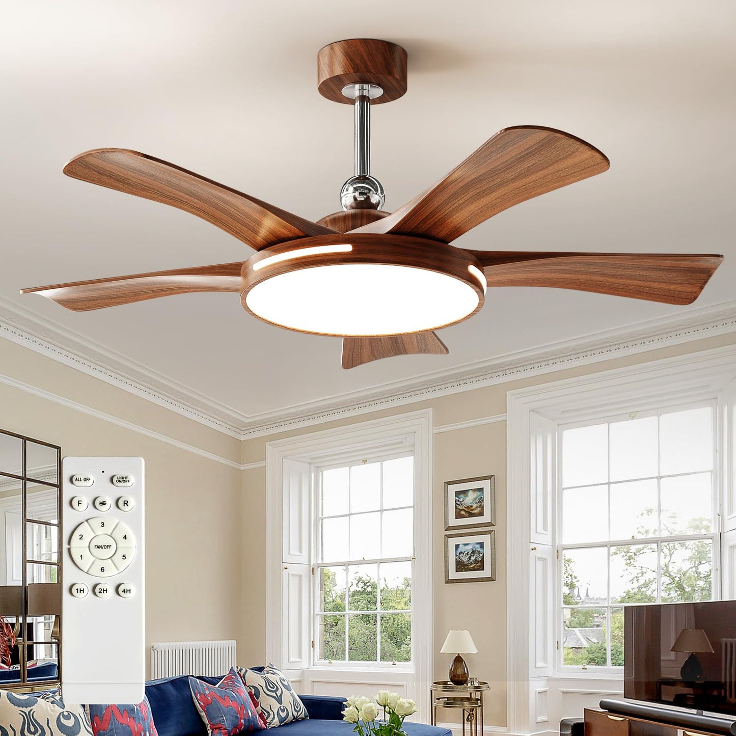 Outdoor Ceiling Fan with Light: 52 Inch 3 Blade Outdoor Fans for Patios - Modern Plastic Walnut Ceiling Fan with Dimmable Light Remote Control Ultra Quiet Reversible DC Motor Timer
