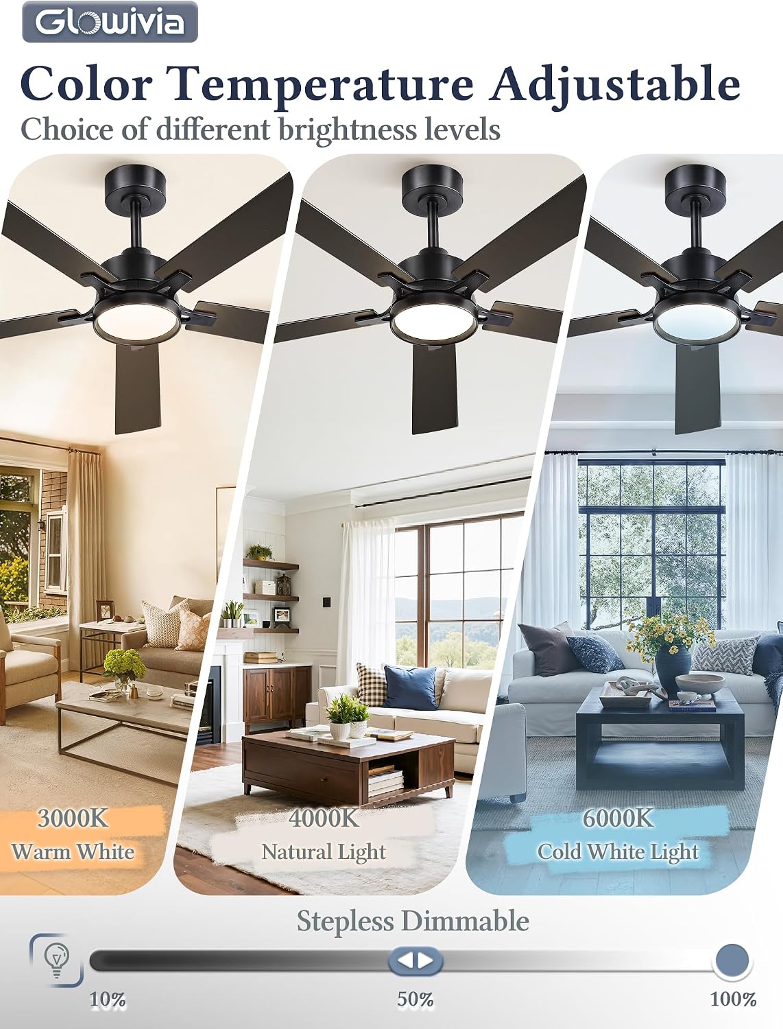 52 Inch Ceiling Fan with Lights,APP&Remote Control,DC Motor | Dimmable LED,3CCT,Memory Function,Dual-Finish Reversible Blades,Damp Rated,6 Speeds,Timer,Living Room,Bedroom,Covered Patio