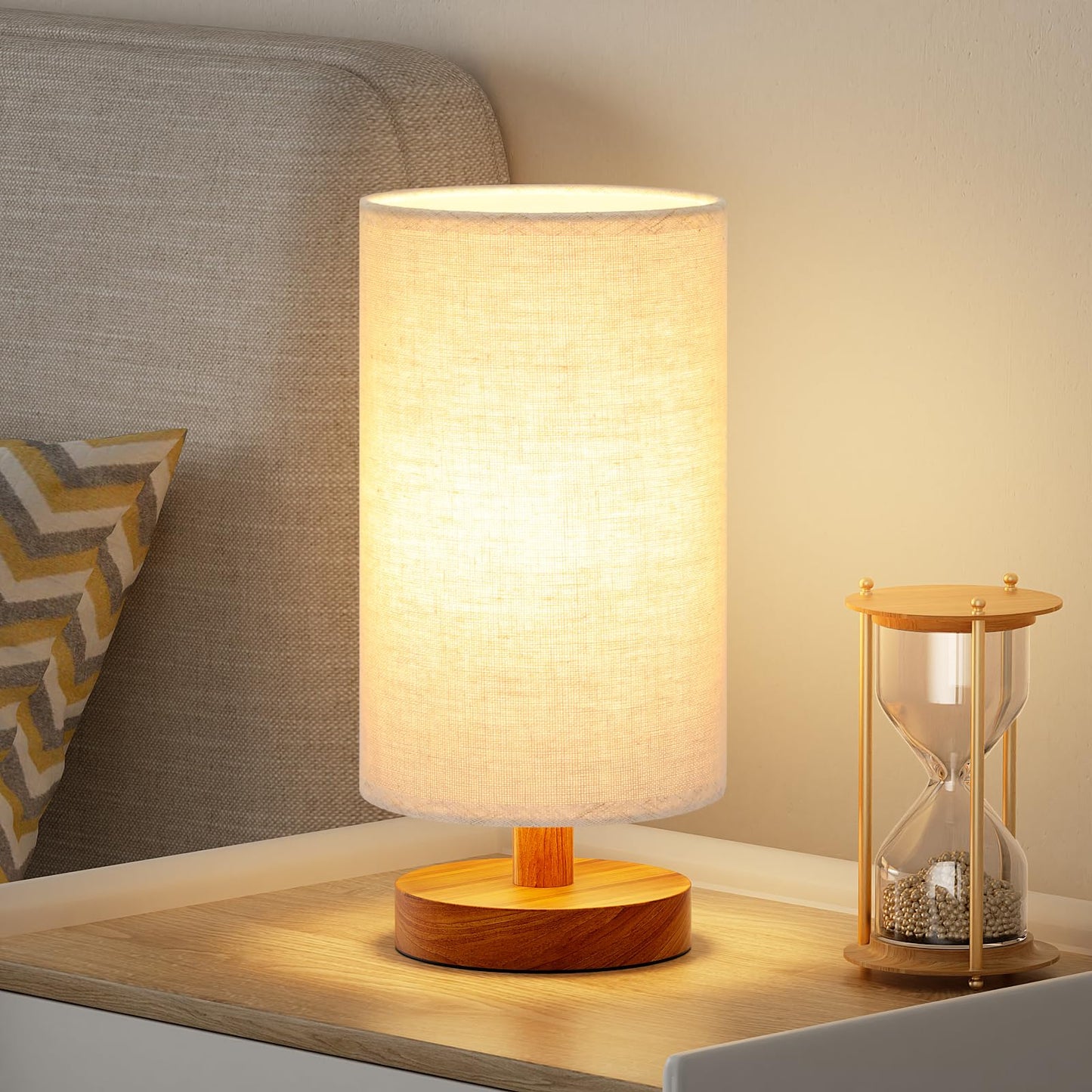 9" Small Table Lamp for Bedroom - Inline Control with 3000K Blub | Cream Shade and Wood Base | 680 Lumens | Easy Assembly | Minimalist Design | E26 | for Kitchen | for Kids Room