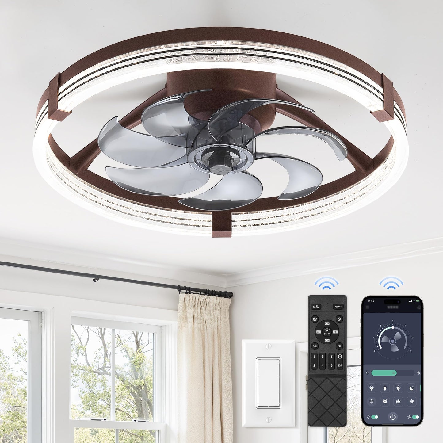 ZMISHIBO Ceiling Fan with Light and remote, 23'' Low Profile Ceiling Fans | Flush Mount Modern Ceiling Fan and Remote Control, 3000K-7000K Dimmable, Modern Fandelier for Bedroom, Living Room