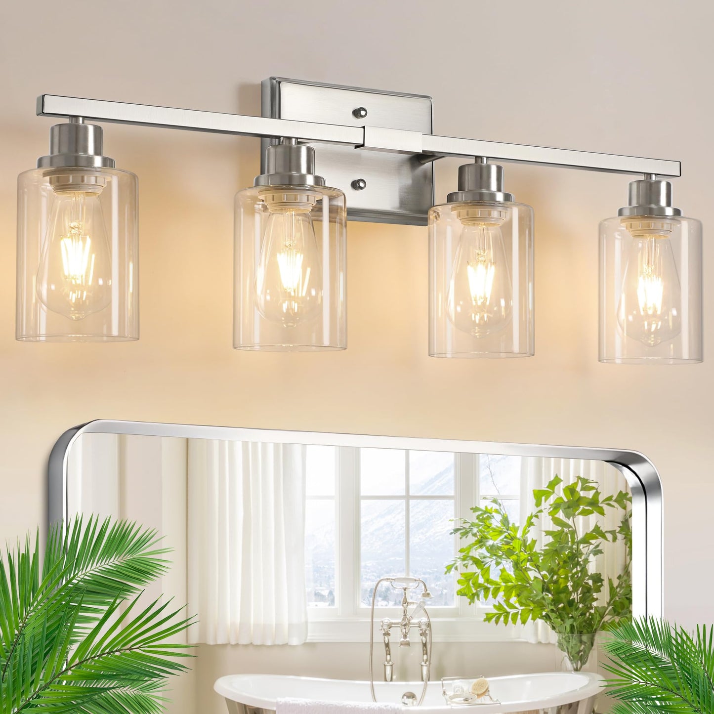 Ascher Bathroom Vanity Light Fixtures, 3 Light Wall Sconces Lighting with Clear Glass Shade, Brushed Nickel Wall Lights for Mirror, Kitchen, Living Room, Gallery, E26 Base (Bulbs Not Included)
