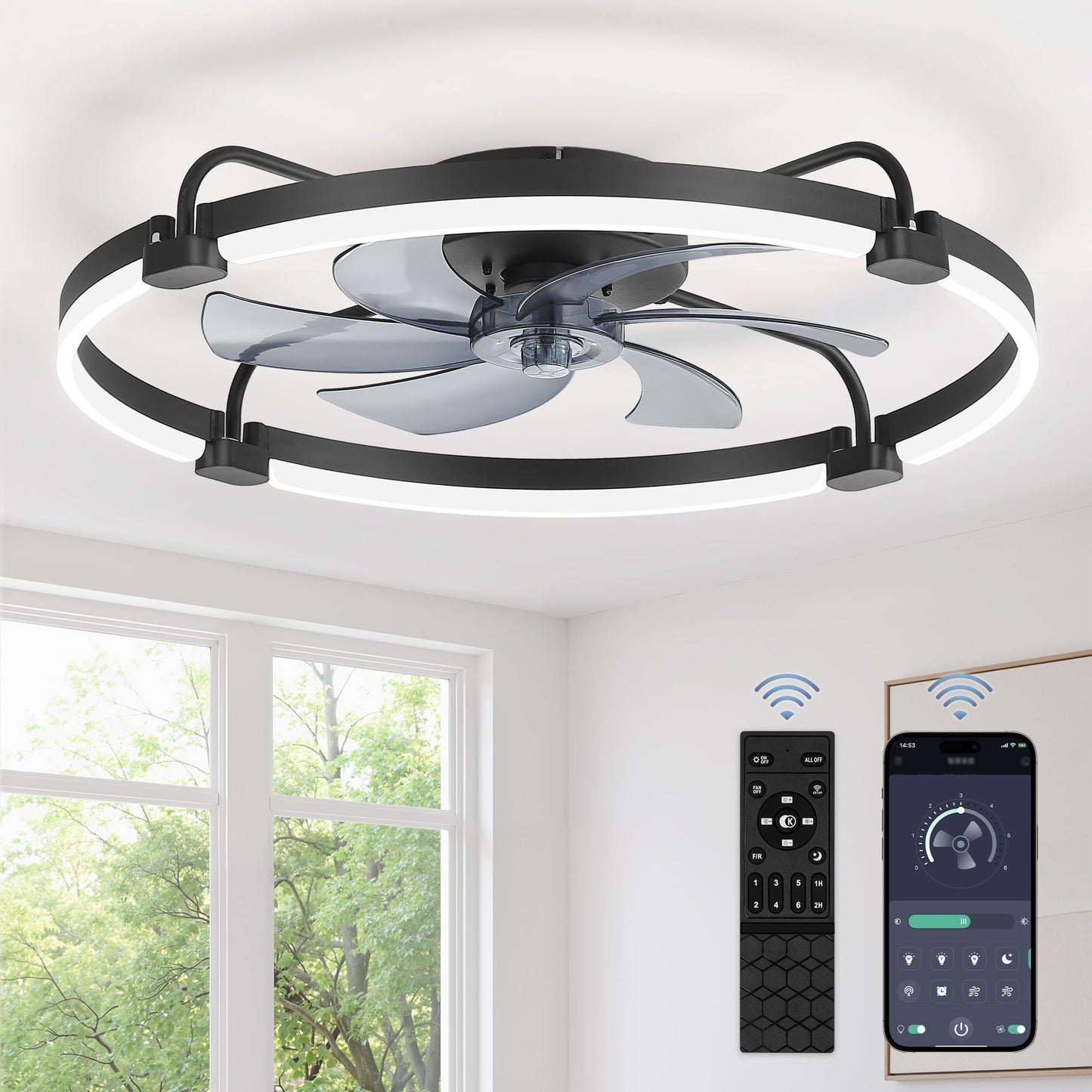 LEDIARY 20" Ceiling Fans with Lights and Remote, Low Profile Led Fan Light | Flush Mount, Stepless Dimmable Fandelier, 6 Speeds, 3 CCT, Quiet Reversible DC Motor, 2H Timer, Bedroom, Living Room, Black
