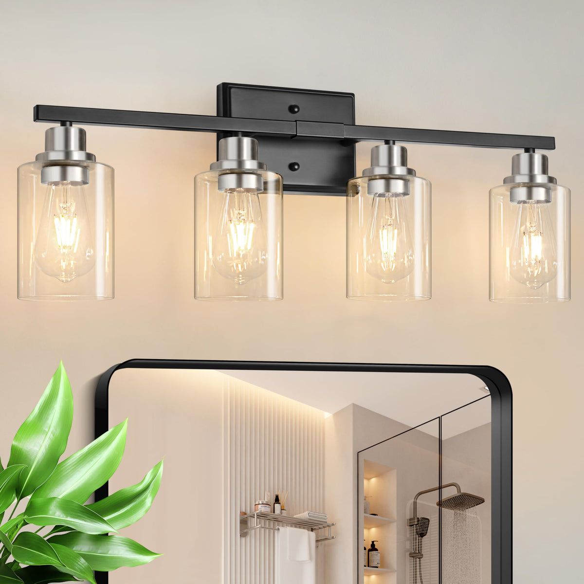 Modern Bathroom Light Fixtures, 4 Light Vanity Lights Over Mirror, Black Wall Lamp with Clear Glass for Living Room Cabinet Bedroom Porch
