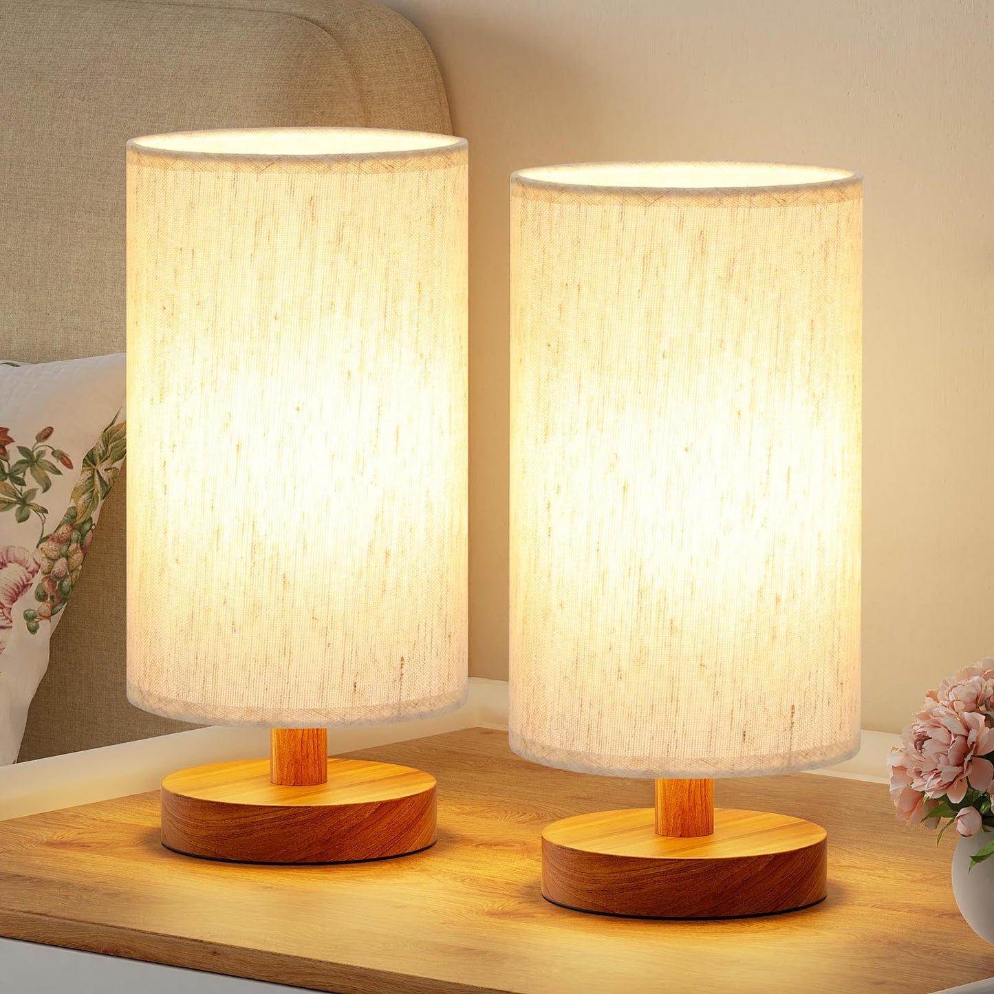 9" Small Table Lamp for Bedroom - Inline Control with 3000K Blub | Cream Shade and Wood Base | 680 Lumens | Easy Assembly | Minimalist Design | E26 | for Kitchen | for Kids Room