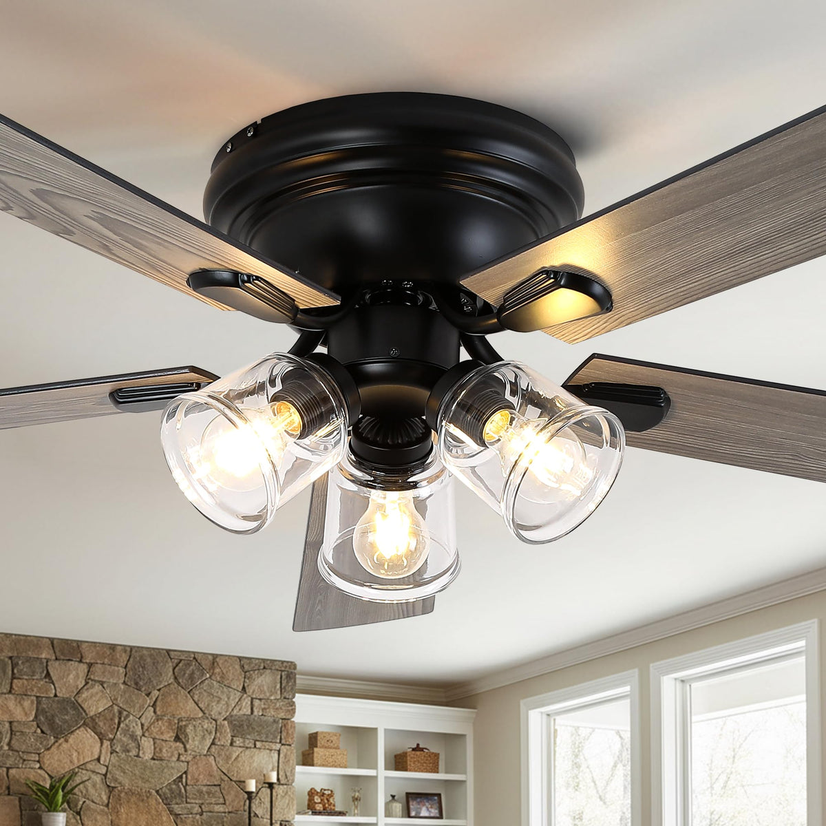 52 Inch Flush Mount Farmhouse Ceiling Fans with Lights and Remote Control | 5 Reversible Blades Vintage Low Profile Ceiling Fan with 3-Light 6 Speeds for Living Room Bedroom Kitchen Dining Room