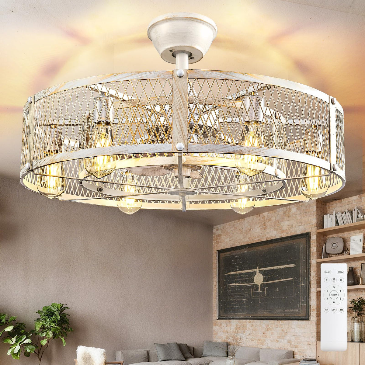 DLLT Caged Ceiling Fan with Light: 20" Farmhouse Fandelier with Lights and Remote Control - Black Rustic Semi Flush Mount Bladeless Ceiling Fans Enclosed Fan for Bedroon Kitchen Living Dining Room