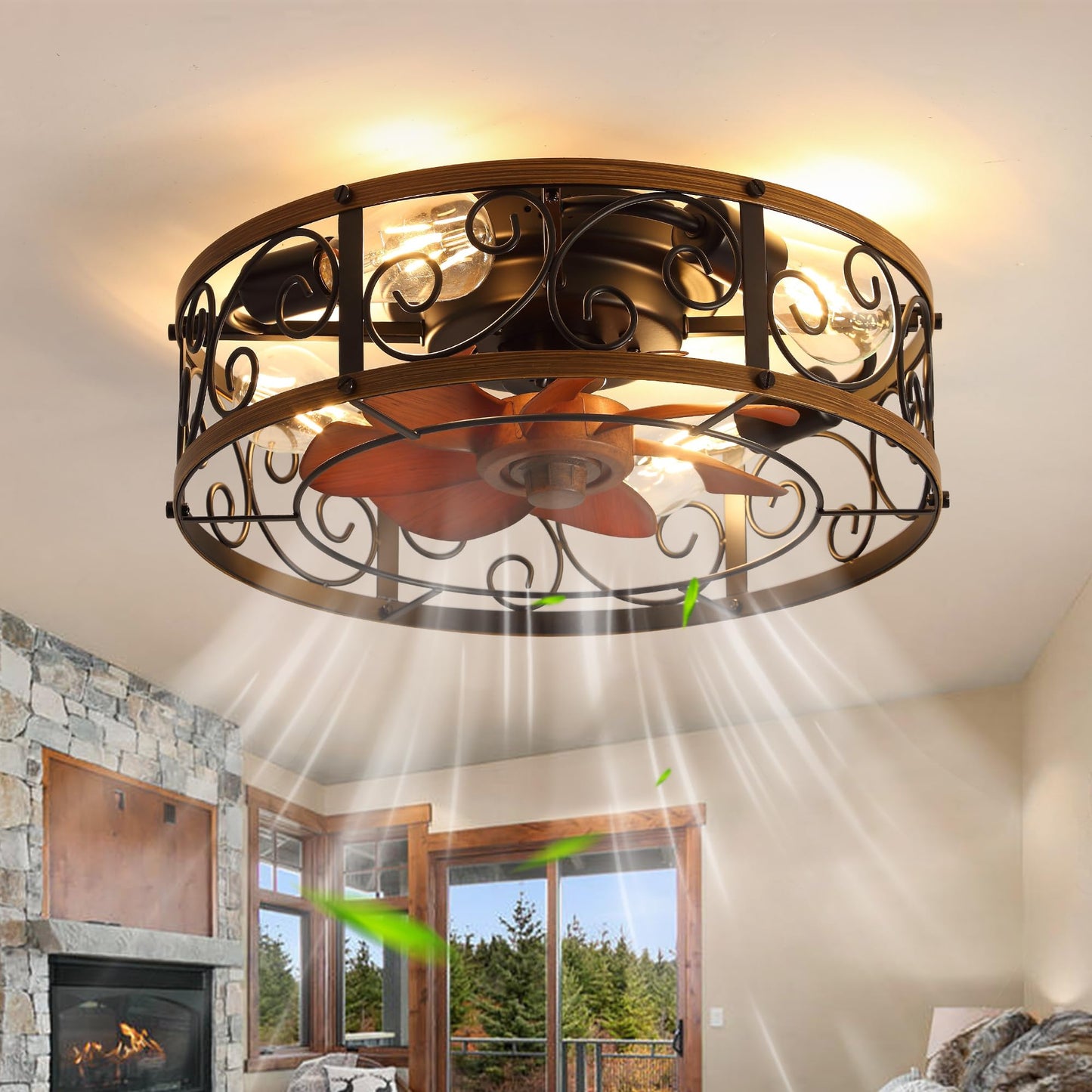 52 Inch Flush Mount Farmhouse Ceiling Fans with Lights and Remote Control | 5 Reversible Blades Vintage Low Profile Ceiling Fan with 3-Light 6 Speeds for Living Room Bedroom Kitchen Dining Room