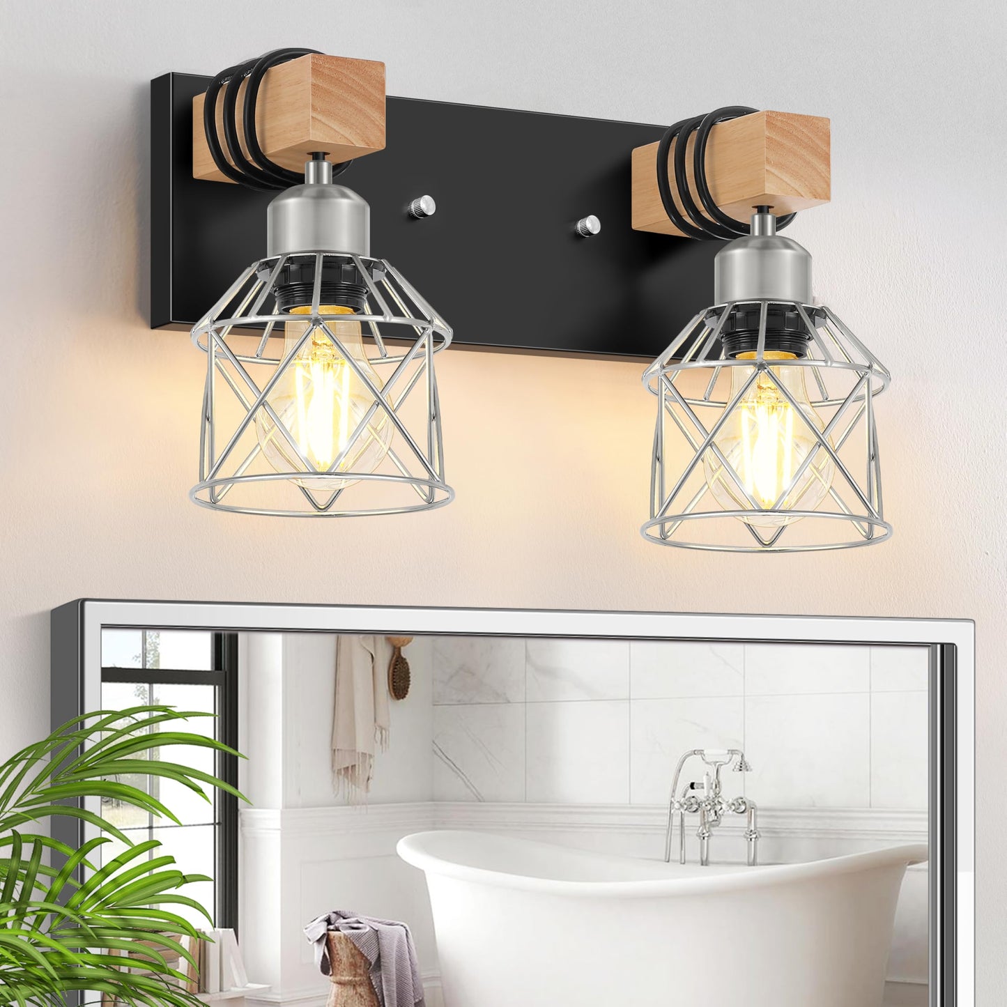 FadimiKoo 3-Light Bathroom Vanity Lights, Farmhouse Bathroom Light Fixtures | Rustic Wood & Black Metal Shade, Wood Bathroom Lighting Fixtures Over Mirror, Wall Sconces for Bathroom Bedroom Living Room