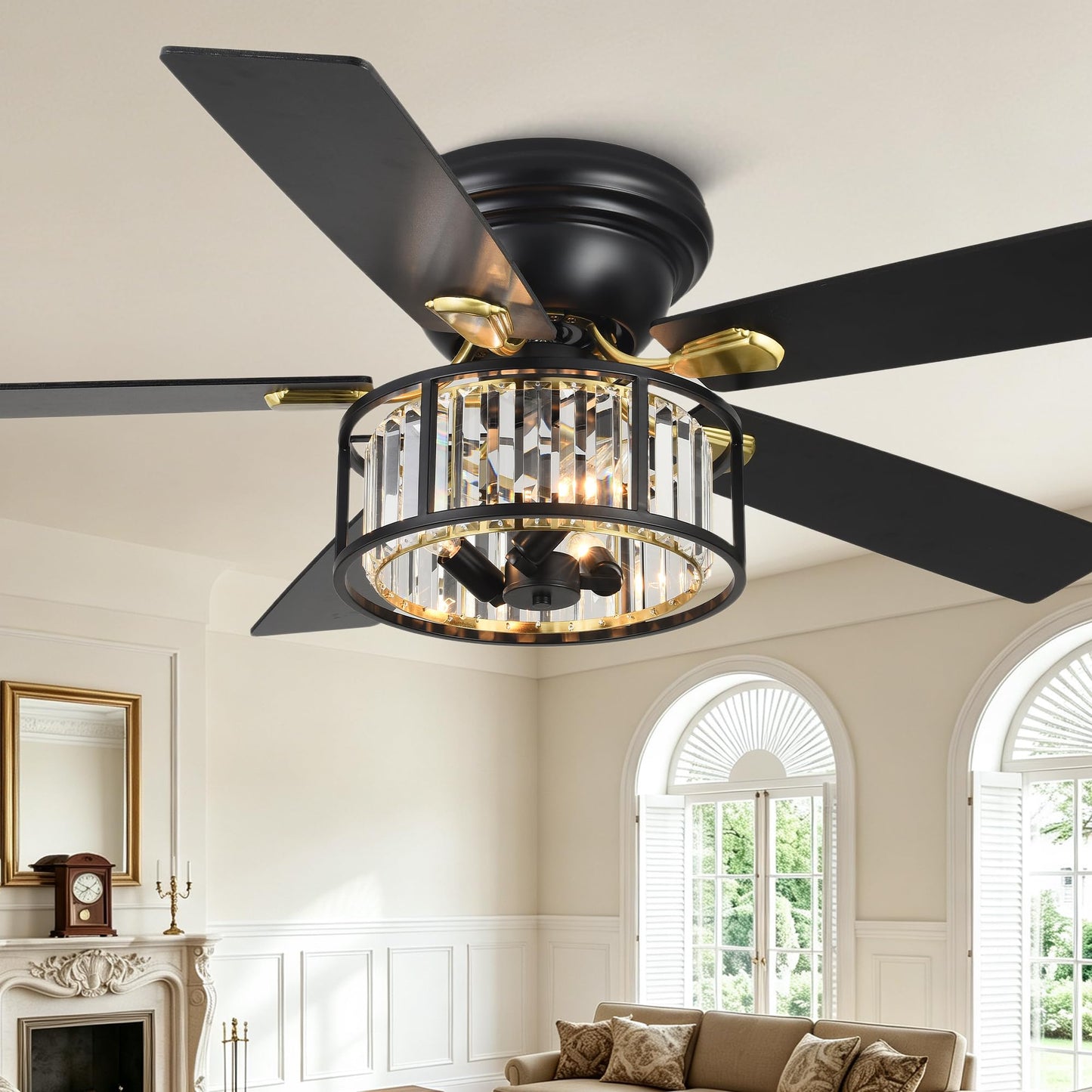 52 Inch Flush Mount Farmhouse Ceiling Fans with Lights and Remote Control | 5 Reversible Blades Vintage Low Profile Ceiling Fan with 3-Light 6 Speeds for Living Room Bedroom Kitchen Dining Room
