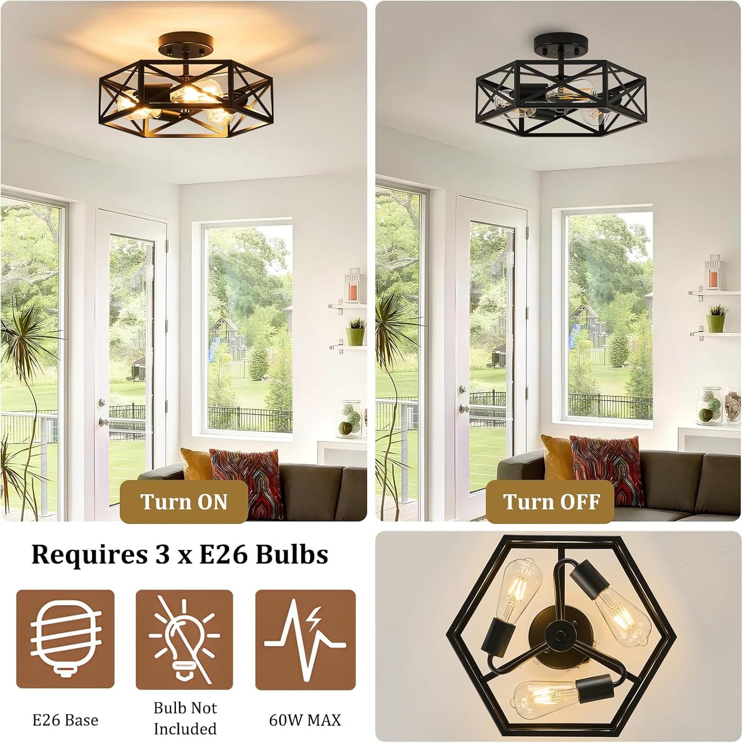 Modern Farmhouse Black Metal Semi Flush Mount Ceiling Light Fixture 14.6 in | Industrial Lighting Fixture,Hexagonal Close to Ceiling Lights for Kitchen Island, Hallway,Bedroom,Foyer,Dining,Laundry Room