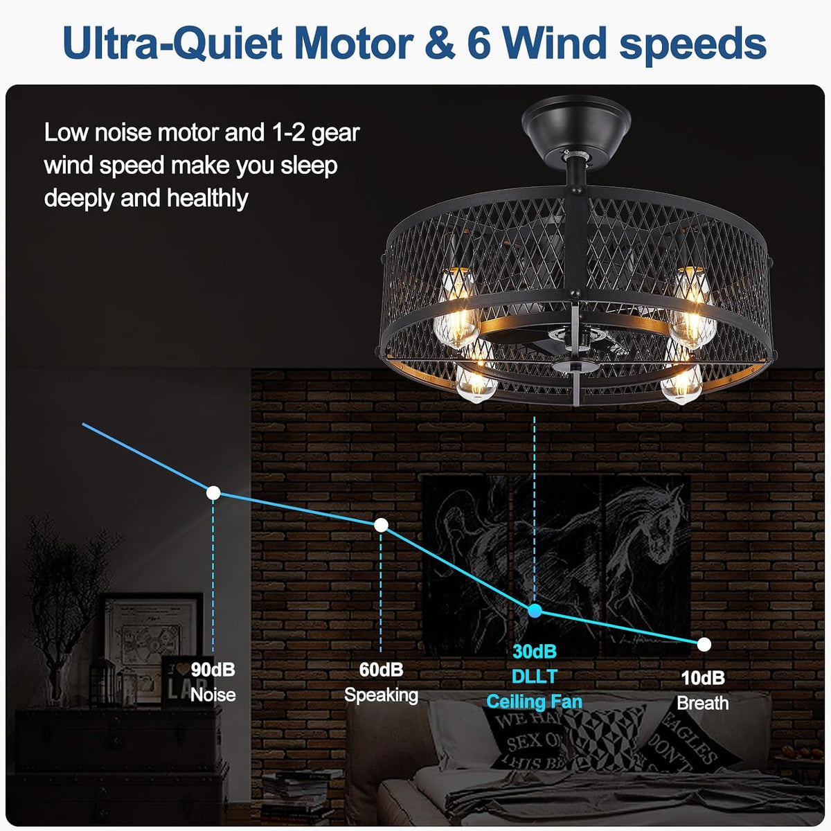 DLLT Caged Ceiling Fan with Light: 20" Farmhouse Fandelier with Lights and Remote Control - Black Rustic Semi Flush Mount Bladeless Ceiling Fans Enclosed Fan for Bedroon Kitchen Living Dining Room
