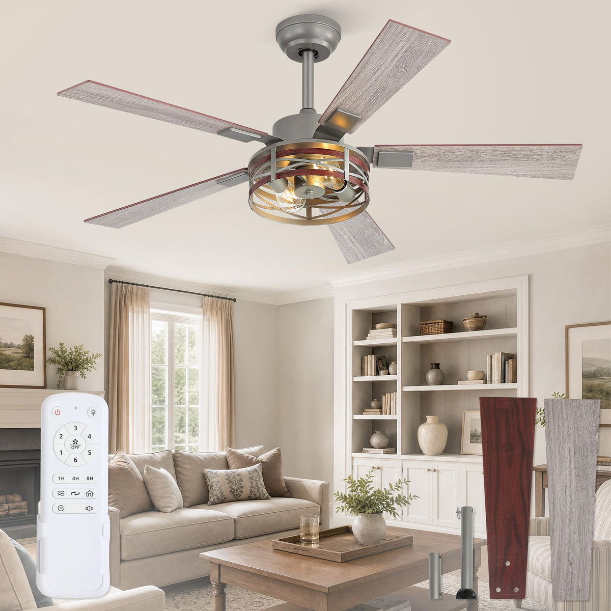 Fanbulous 48" Farmhouse Ceiling Fan with Light & Remote, 2-Light Caged | DC Motor Quiet and Reversible, 6-Speed Adjustable, Dual Finish 5 Blades Rustic for Bedroom and Living Room, Black and Walnut