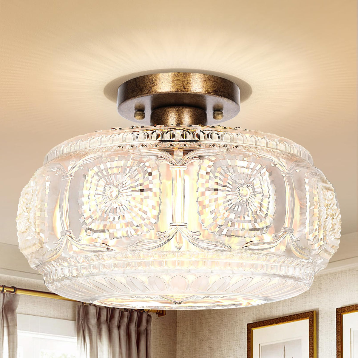 Globe Glass Semi Flush Mount Ceiling Light Fixture, Vintage Gold | Beautiful Light Shadow, Easy to Install, Bright Ambiance, Modern Lighting for Hallway Entryway Kitchen Bathroom Bedroom