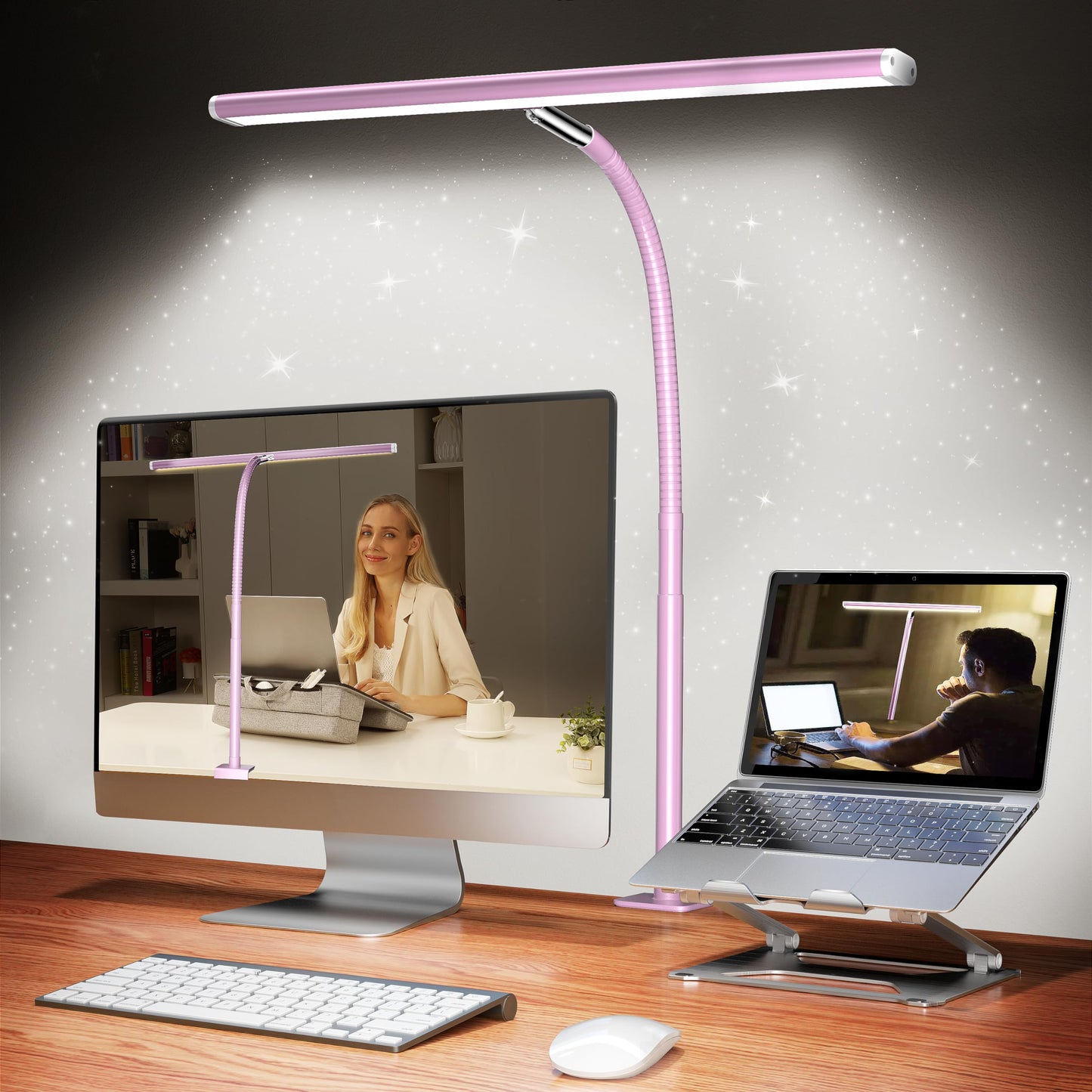 Airlonv LED Desk Lamp with Clamp, 17" Stepless Dimming Light, Black | 2700K-6500K, 100 LEDs, 360° Gooseneck, Fits Up to 30" Monitors, Flicker-Free Lighting for Home Office, Study& Workbench