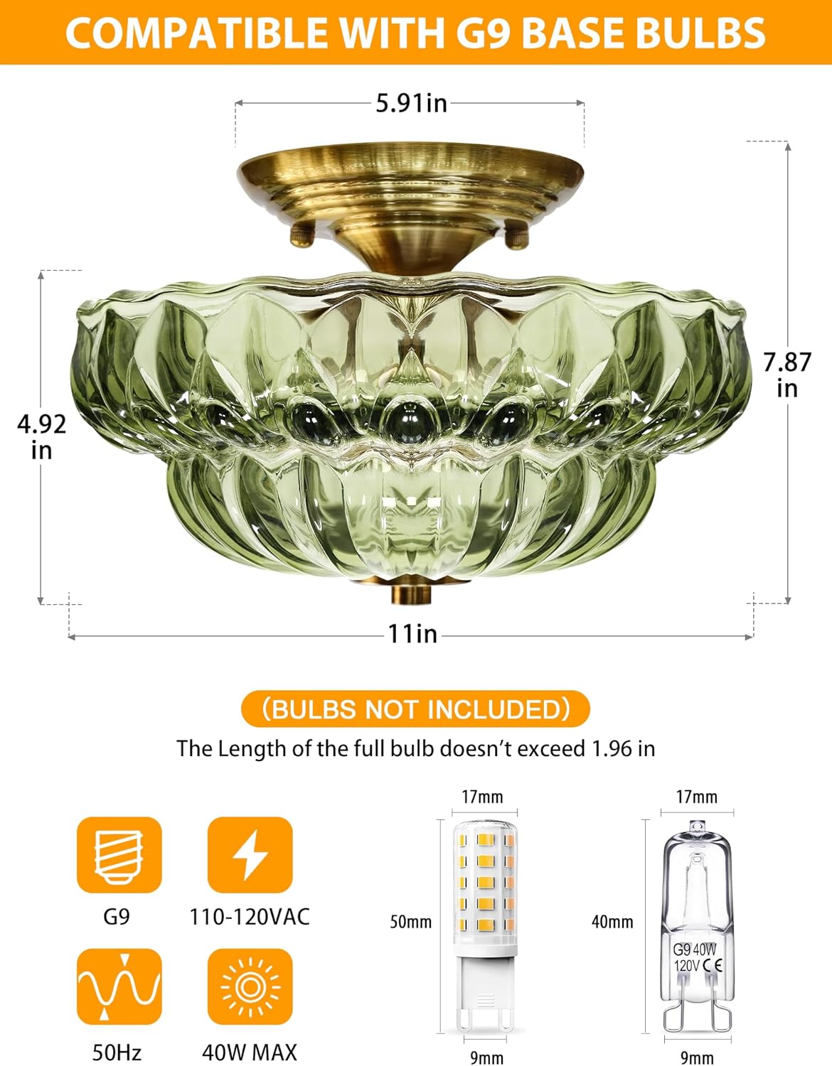 11" 3-Bulb Bright Semi Flush Mount Ceiling Light,Vintage Gold Hallway Light | OYKYOHEI Globe Close to Ceiling Light for Bathroom/Dining Room/Entryway /Kitchen,Amber Glass,Easy Install,40W Max G9(NO BULB)