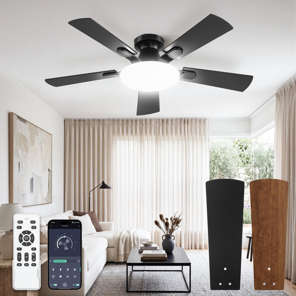 LEDIARY 52 Inch Flush Mount Ceiling Fans with Lights, Remote & APP Control | Bright Light, 3CCT, Memory Function, Timer, Reversible Blade, Quiet DC Motor, Damp-Rated, Living Room, Bedroom, Covered Patio