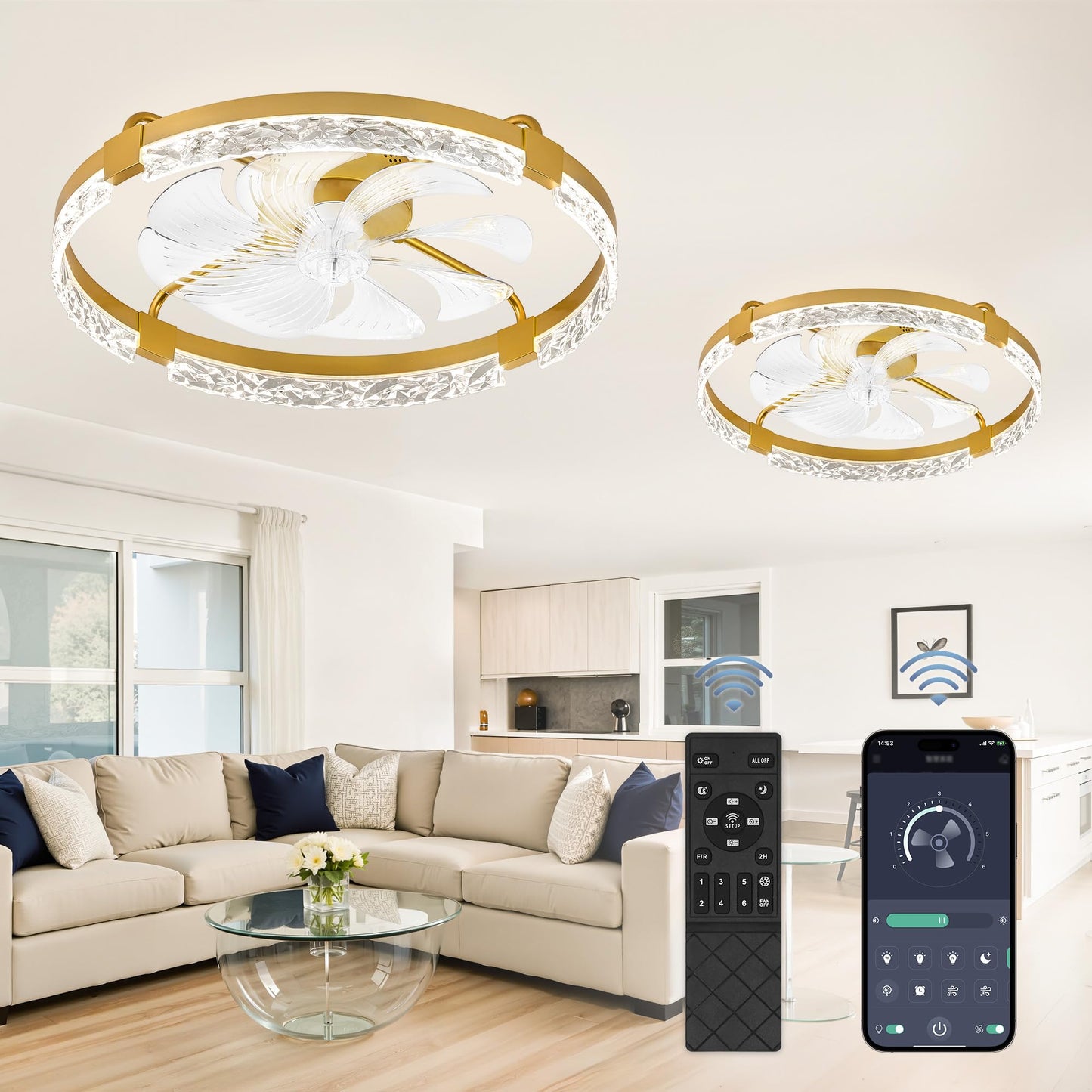 LEDIARY 20" Modern Ceiling Fans with Lights and Remote, White Fandelier | Dimmable Low Profile, Flush Mount Ceiling Fan, Stepless Color Temperature Change, 6 Speeds, Bedroom, Living Room, Kitchen