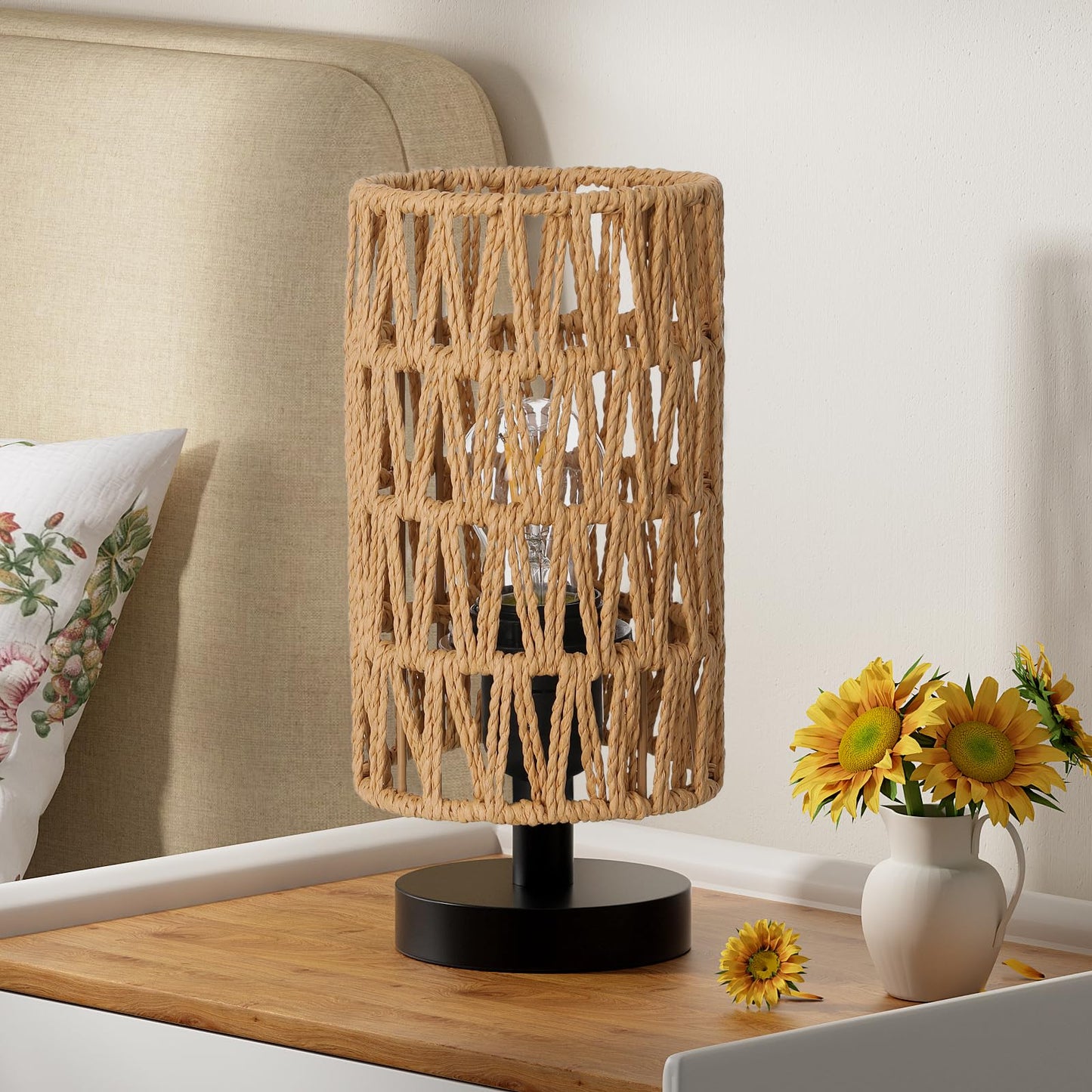 9" Small Table Lamp for Bedroom - Inline Control with 3000K Blub | Cream Shade and Wood Base | 680 Lumens | Easy Assembly | Minimalist Design | E26 | for Kitchen | for Kids Room