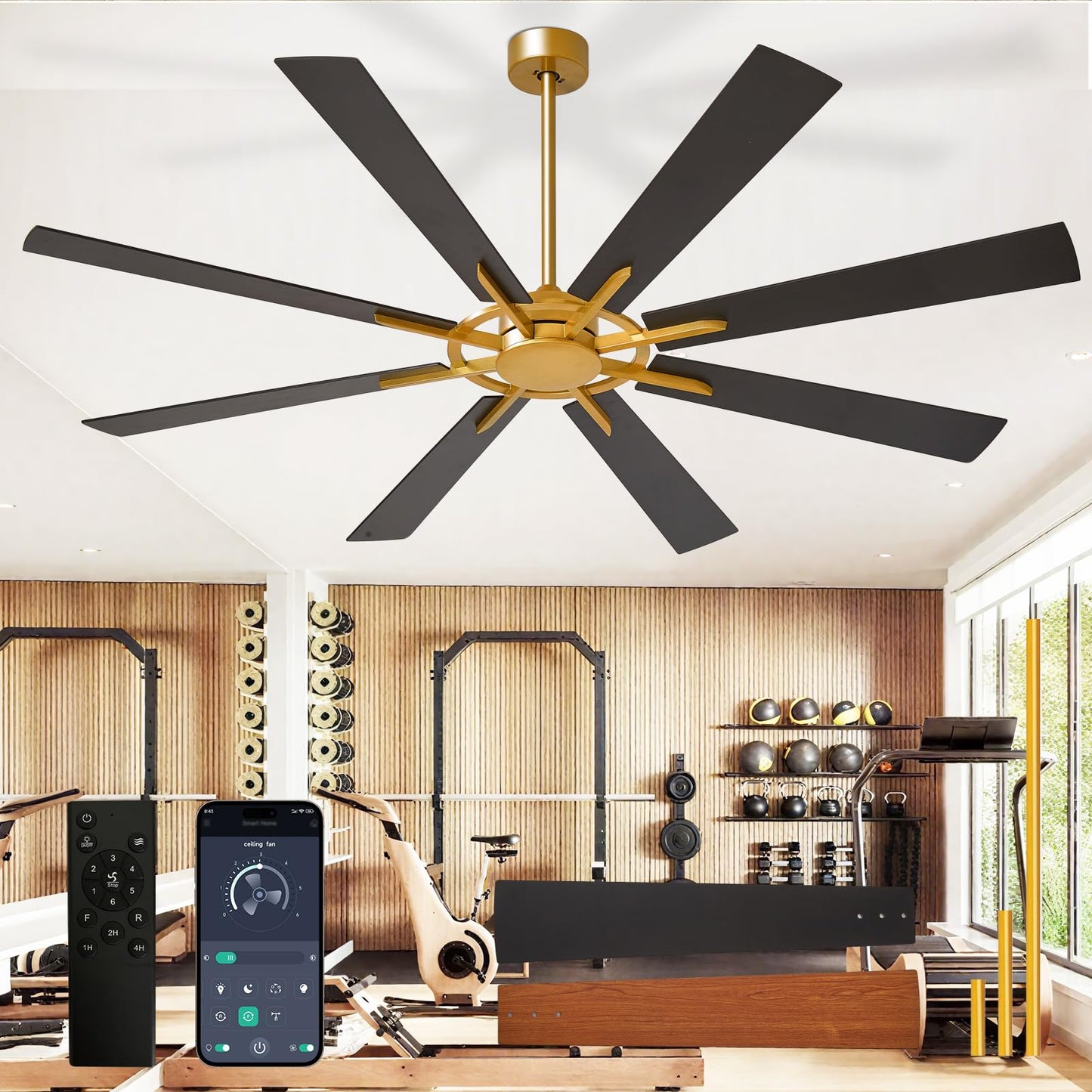 Large Ceiling Fans with Lights: Modern 72 Inch 8 Blade Outdoor Ceiling Fan with Remote APP Control - Dimmable Black Big Fan Light Indoor Reversible 6 Speed Quiet DC Motor