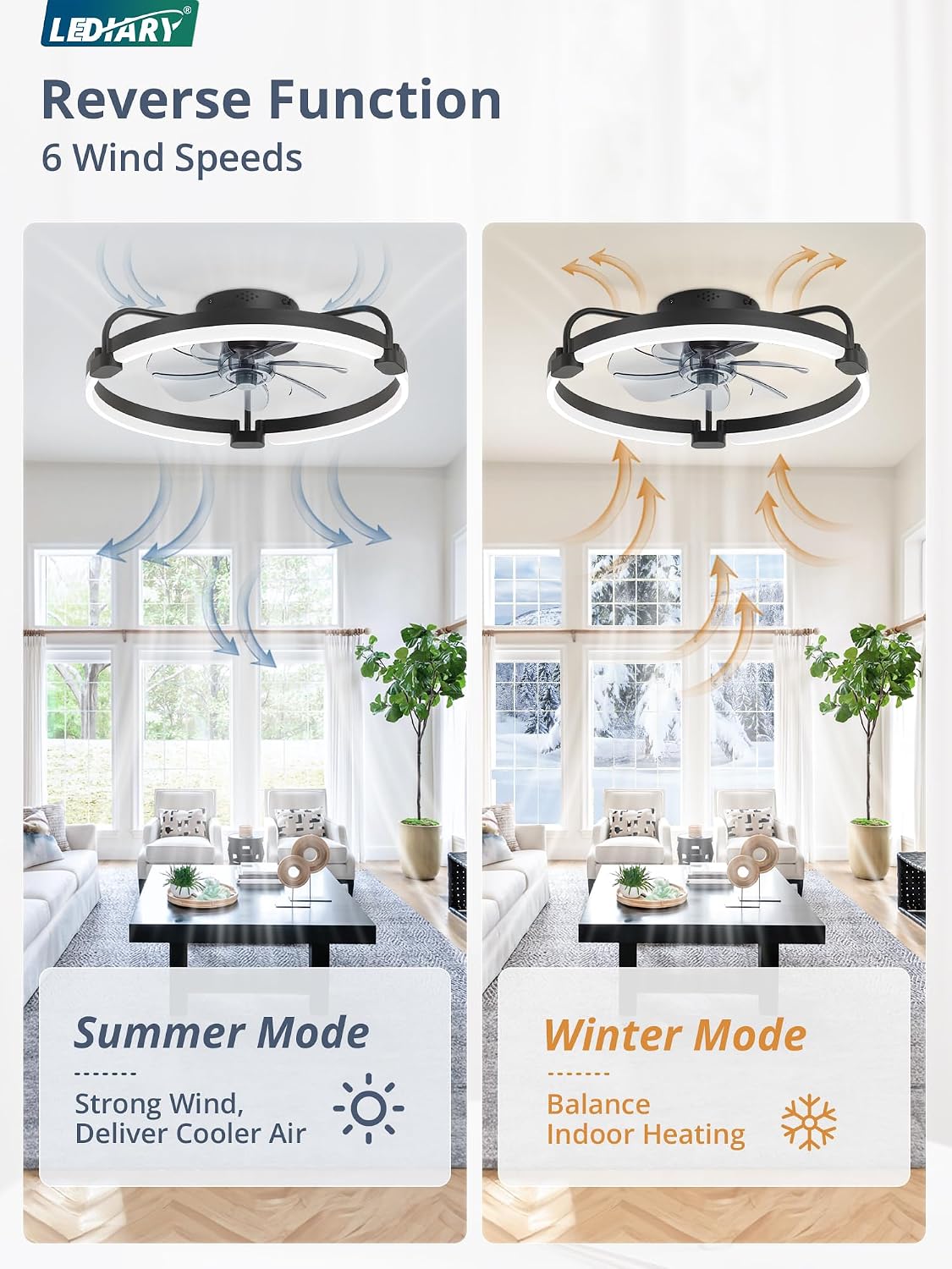 LEDIARY 20" Ceiling Fans with Lights and Remote, Low Profile Led Fan Light | Flush Mount, Stepless Dimmable Fandelier, 6 Speeds, 3 CCT, Quiet Reversible DC Motor, 2H Timer, Bedroom, Living Room, Black
