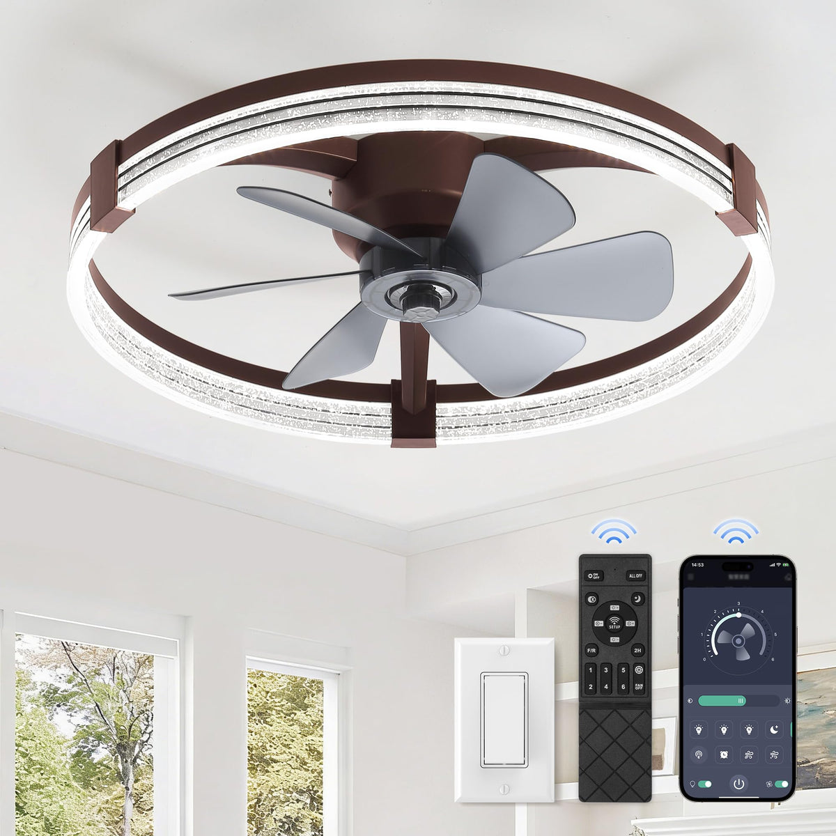 ZMISHIBO Ceiling Fan with Light and remote, 23'' Low Profile Ceiling Fans | Flush Mount Modern Ceiling Fan and Remote Control, 3000K-7000K Dimmable, Modern Fandelier for Bedroom, Living Room