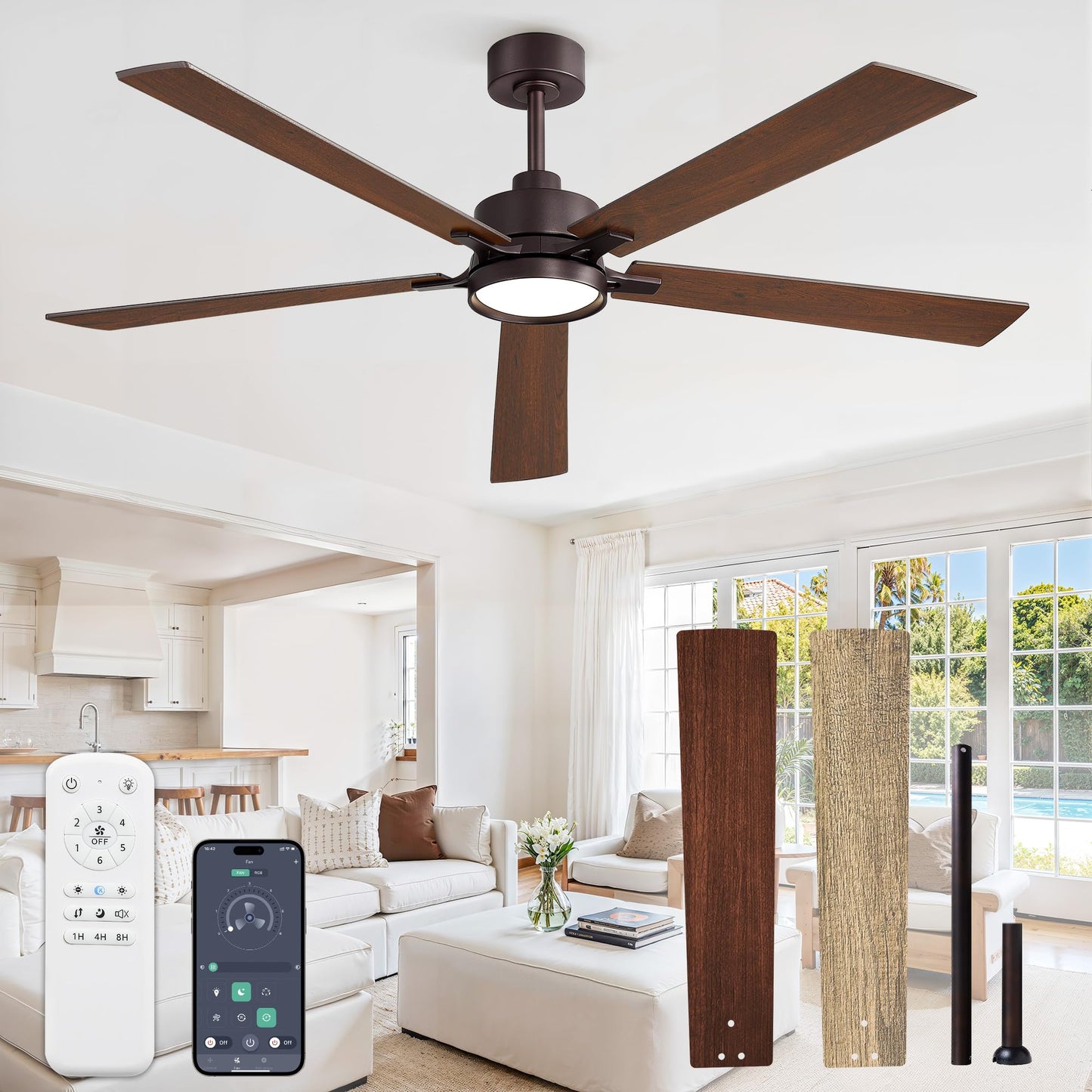 52 Inch Ceiling Fan with Lights,APP&Remote Control,DC Motor | Dimmable LED,3CCT,Memory Function,Dual-Finish Reversible Blades,Damp Rated,6 Speeds,Timer,Living Room,Bedroom,Covered Patio