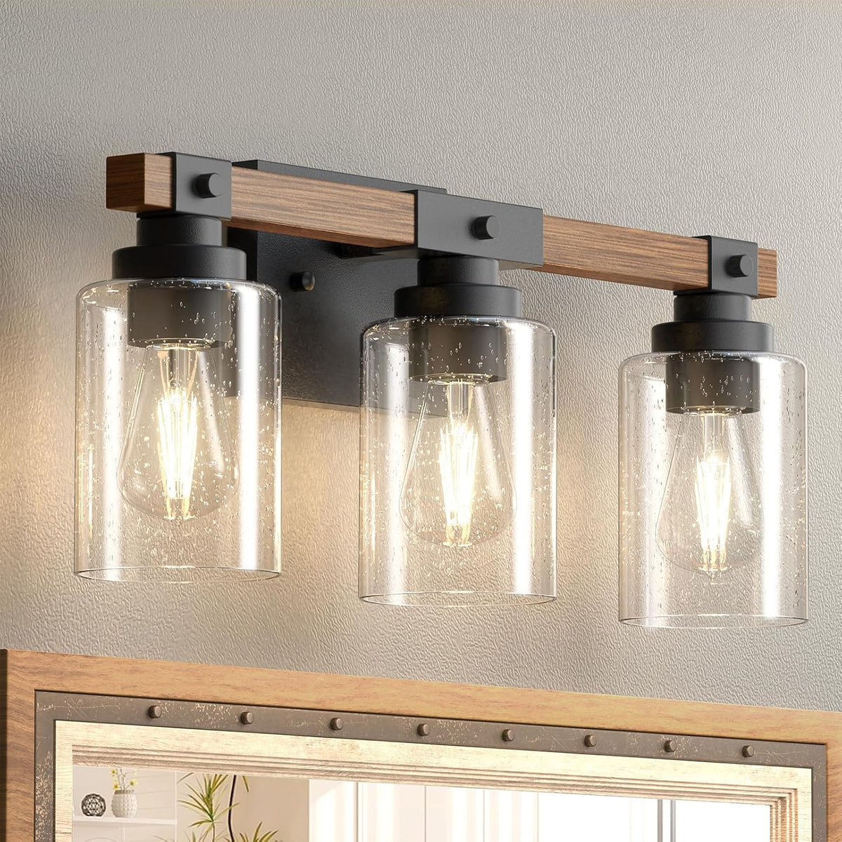 Amico 3-Light Farmhouse Bathroom Vanity Light, Seeded Glass, Black & Wood | Bubble Glass Shade Wall Sconce, Over Mirror Lighting for Bathroom, Bedroom, Living Room, Hallway, Powder Room, Entryway