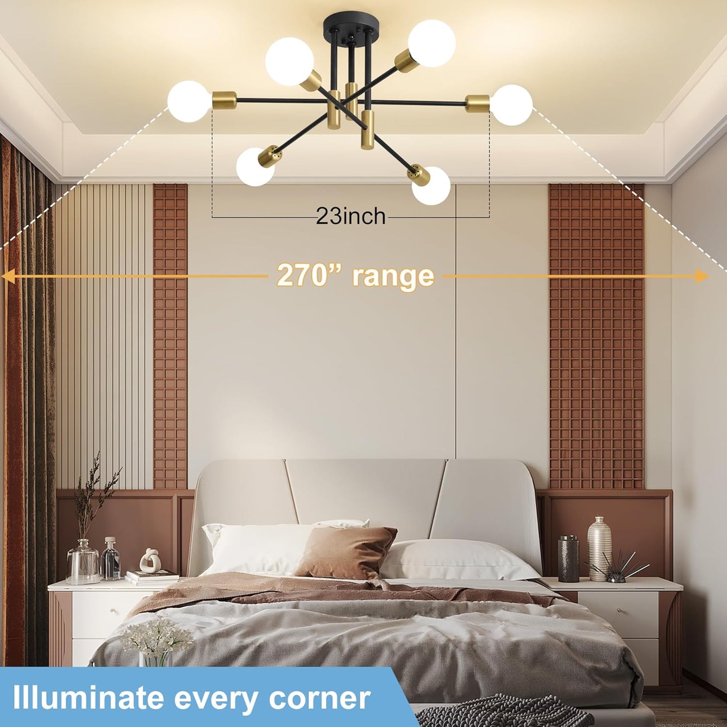 Modern Chandelier Ceiling Light Fixture, 6-Light Sputnik Dining Chandeliers | 31.18" Gold Chandelier Over Table, Mid Century Lights Fixture, Ideal for Dining Room Living Room Kitchen Island(No Lampshade)