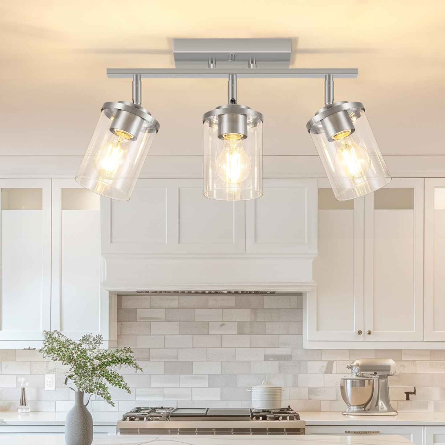 FadimiKoo 3-Lights Semi Flush Mount Ceiling Light, Adjustable Kitchen Light Fixtures Ceiling Mount with Clear Glass Shades, Rotatable Black Track Lighting Fixtures for Hallway, Foyer, Bedroom