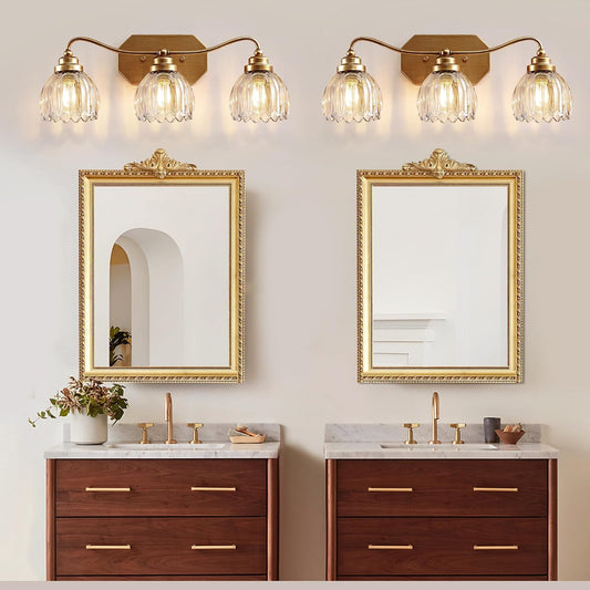 3 Light Gold Vintage Vanity Lights, Antique Brass Finish | Clear Tulip Crystal Shades,Brushed Gold Bathroom Light Fixtures,Wall Sconce Ideal for Bedroom, Hallway, Easy to Install