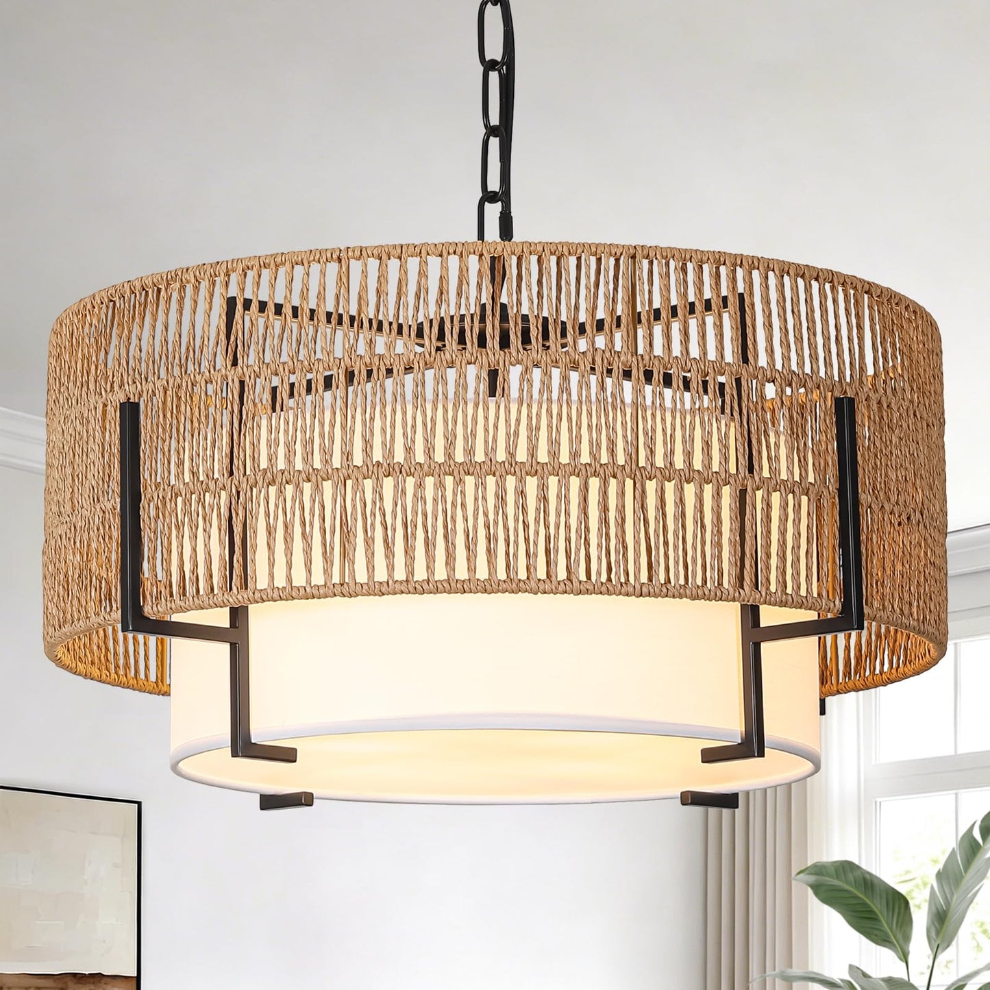 4-Light Rattan Chandelier for Dining Room, 19.7" Boho Pendant Light | Hand Woven, Drum Design with Fabric Shade, Farmhouse Style, for Living Room, Kitchen Island, Bedroom, Hallway, Foyer