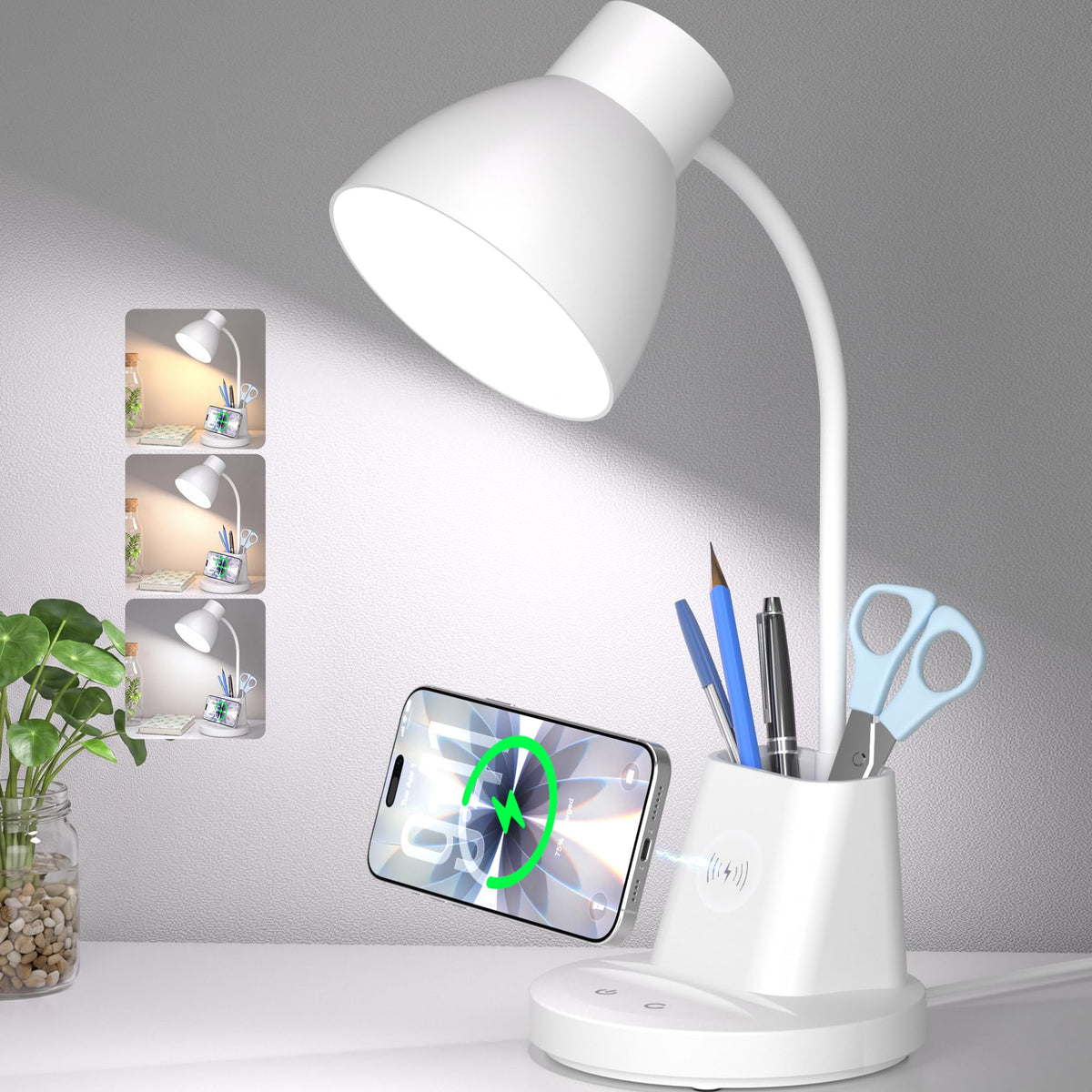 10W Wireless Charging LED Desk Lamp with Pen Holder, CRI 95, Black | 800LM, 3 Modes, 360°Flexible Arm, Touch, Brightness, Table Lamp for Home Office, Dorm, Bedside, Study, Reading, with Adapter