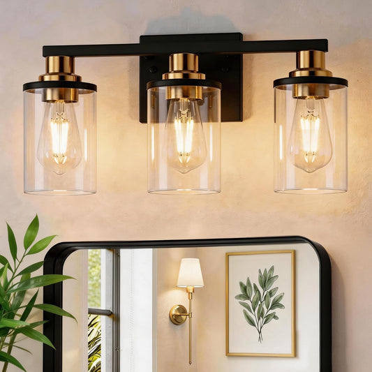 Bathroom Light Fixtures, 3-Light Black and Gold Bathroom Lights Over Mirror with Clear Glass Shade,Vanity Lights for Bathroom Hallway Bedroom Living Room, ETL Listed