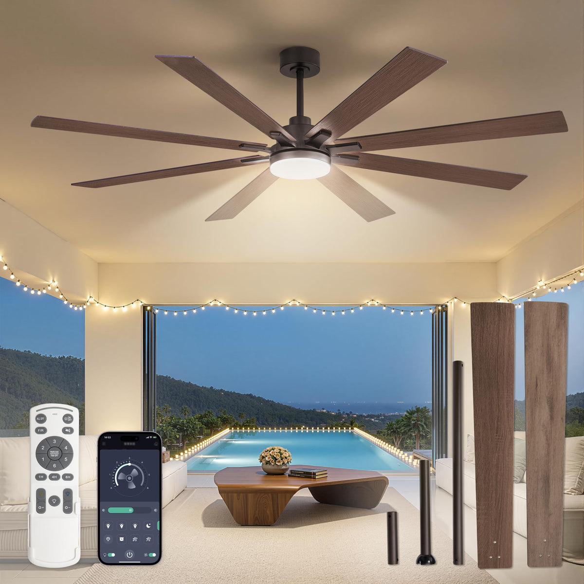 Fanbulous 72 Inch Ceiling Fans with Lights DC Motor, Remote & APP Control | Damp Rated, Dimmable, 3CCT, Memory Function, Dual-Sided Reversible Blades, Flat/Sloped Ceiling, Living Room, Covered Patio