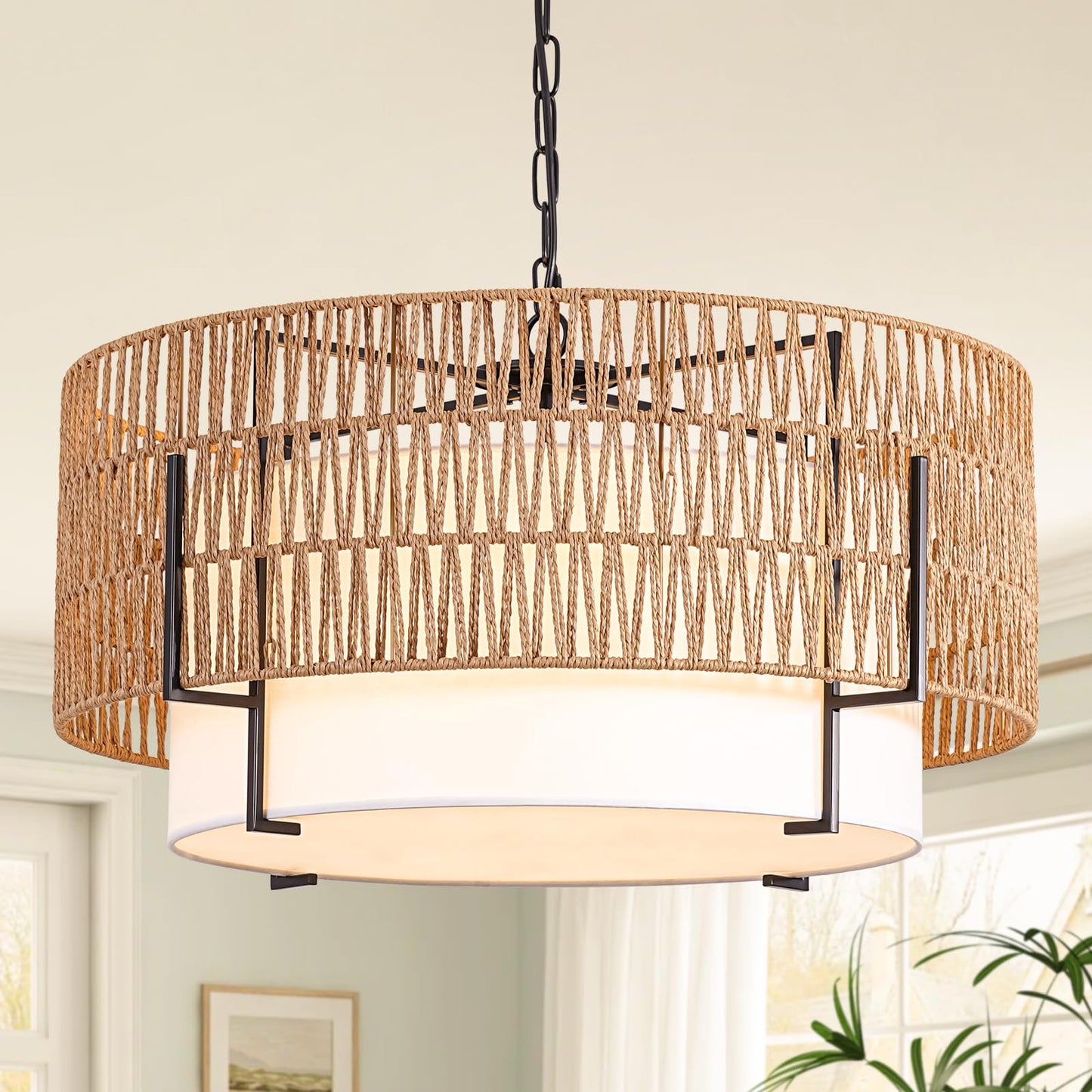 4-Light Rattan Chandelier for Dining Room, 19.7" Boho Pendant Light | Hand Woven, Drum Design with Fabric Shade, Farmhouse Style, for Living Room, Kitchen Island, Bedroom, Hallway, Foyer