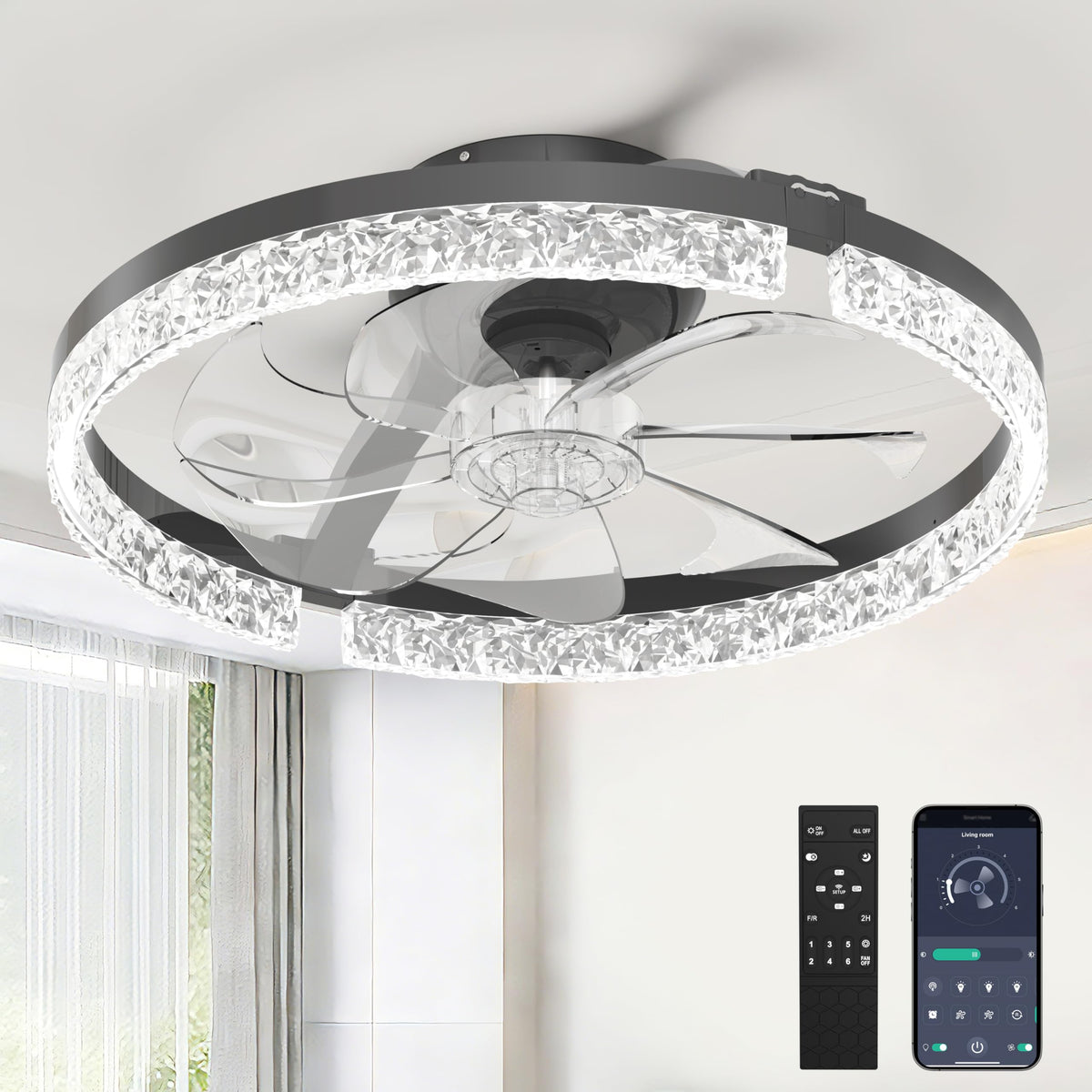 20 Inch Ceiling Fan Light with Lights and Remote, Easy Install Ceiling Fans | Low Profile Flush Mount Ceiling Fans with Light, 3CCT Dimmable Smart Ceiling Fan Lights for Bedroom