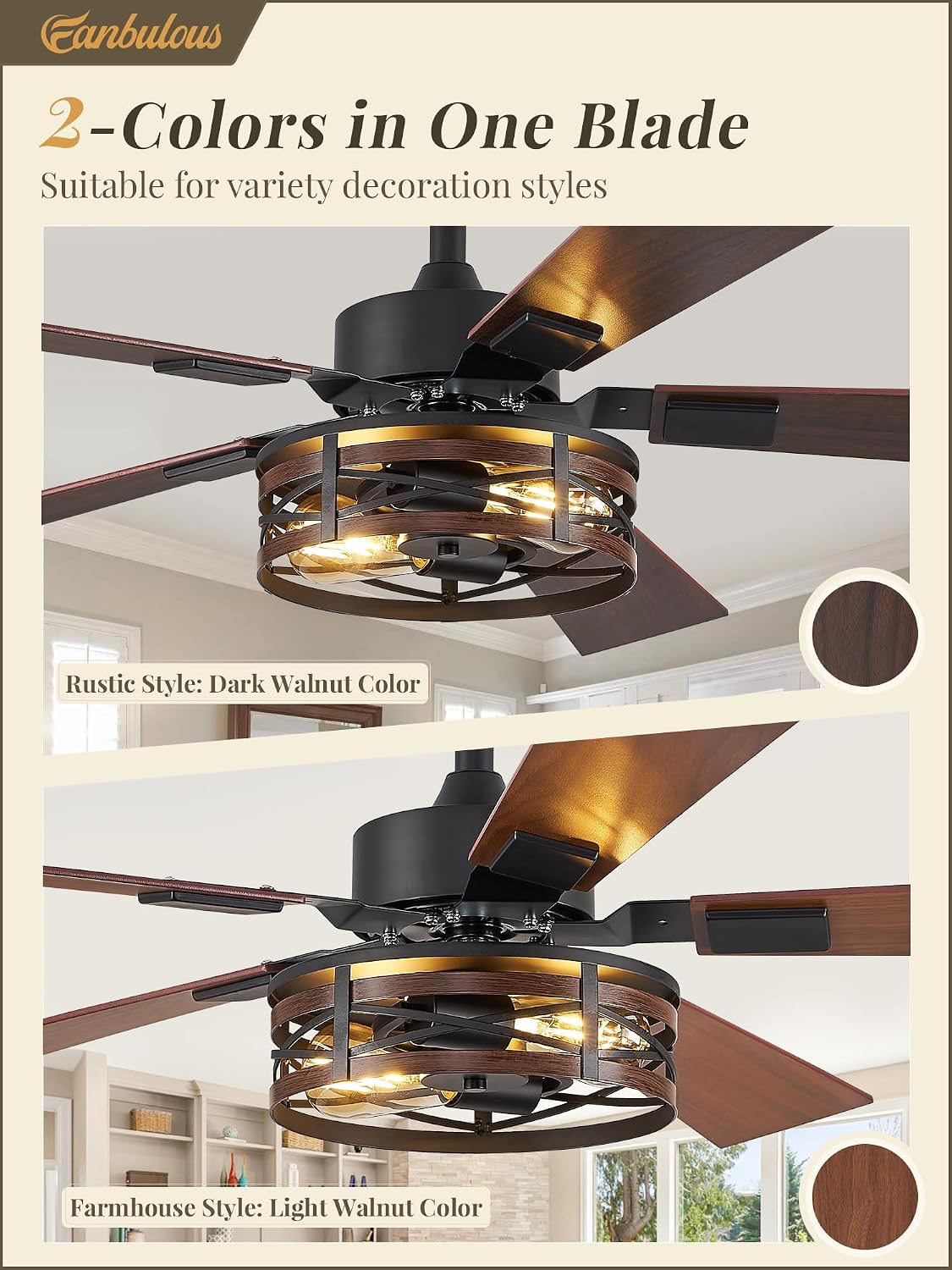 Fanbulous 48" Farmhouse Ceiling Fan with Light & Remote, 2-Light Caged | DC Motor Quiet and Reversible, 6-Speed Adjustable, Dual Finish 5 Blades Rustic for Bedroom and Living Room, Black and Walnut
