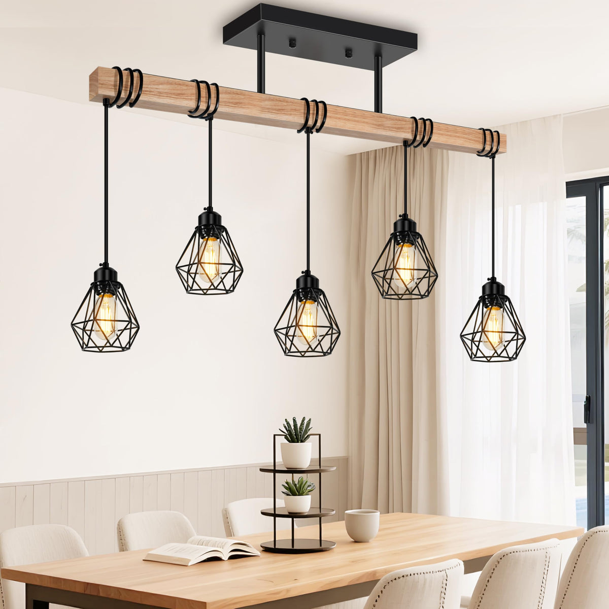 3-Lights Farmhouse Dining Room Pendant Light Fixtures Over Table, Rustic Solid Wood Kitchen Island Lighting Hanging with Metal Shades, Modern Black Ceiling Pendant Lamp for Living Room Hallway