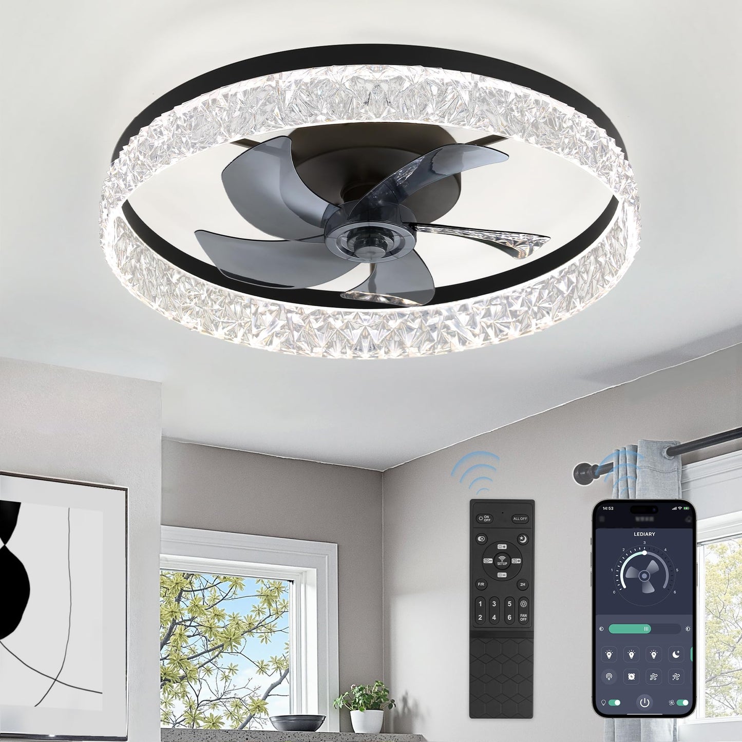 LEDIARY 20" Modern Ceiling Fans with Lights and Remote, White Fandelier | Dimmable Low Profile, Flush Mount Ceiling Fan, Stepless Color Temperature Change, 6 Speeds, Bedroom, Living Room, Kitchen