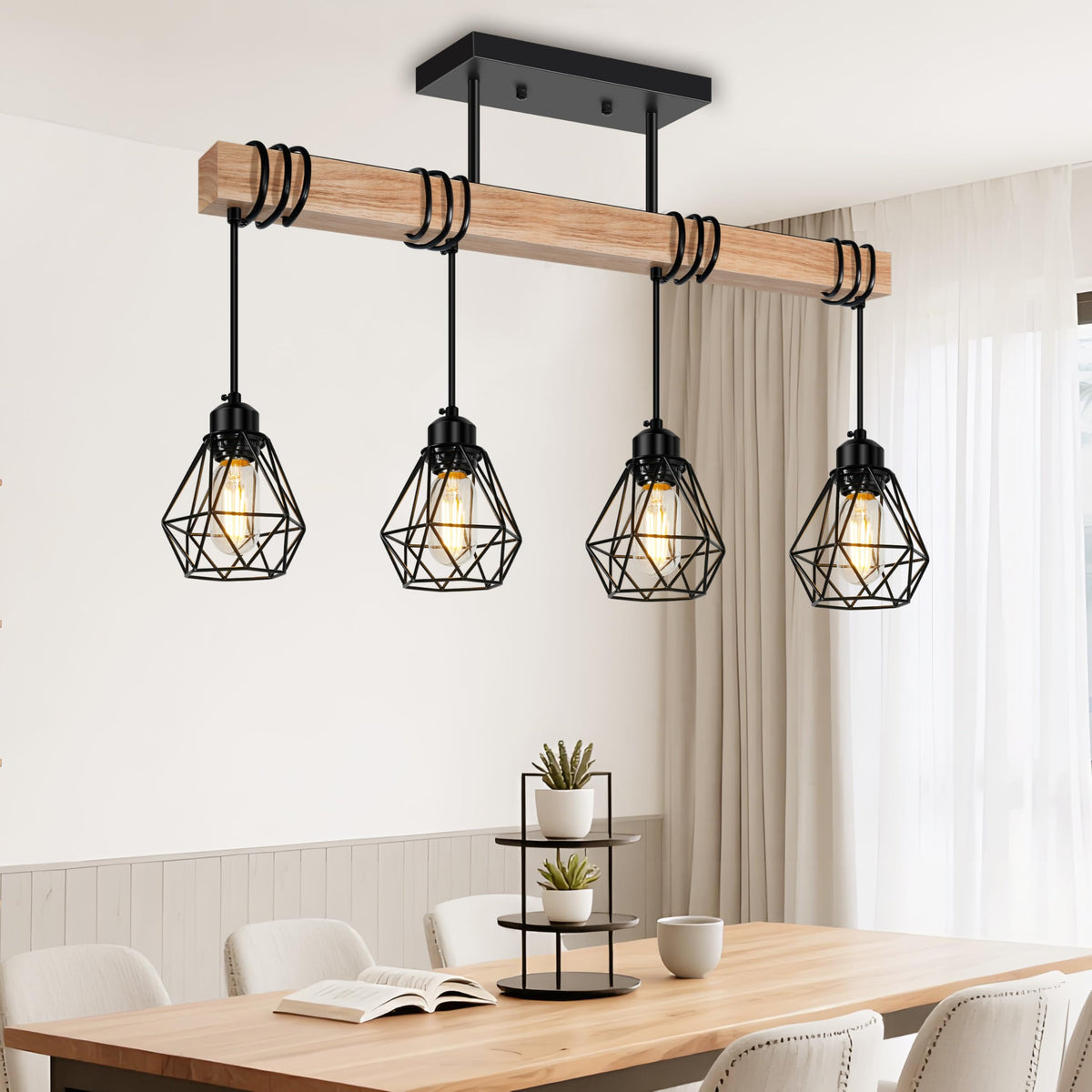 3-Lights Farmhouse Dining Room Pendant Light Fixtures Over Table, Rustic Solid Wood Kitchen Island Lighting Hanging with Metal Shades, Modern Black Ceiling Pendant Lamp for Living Room Hallway