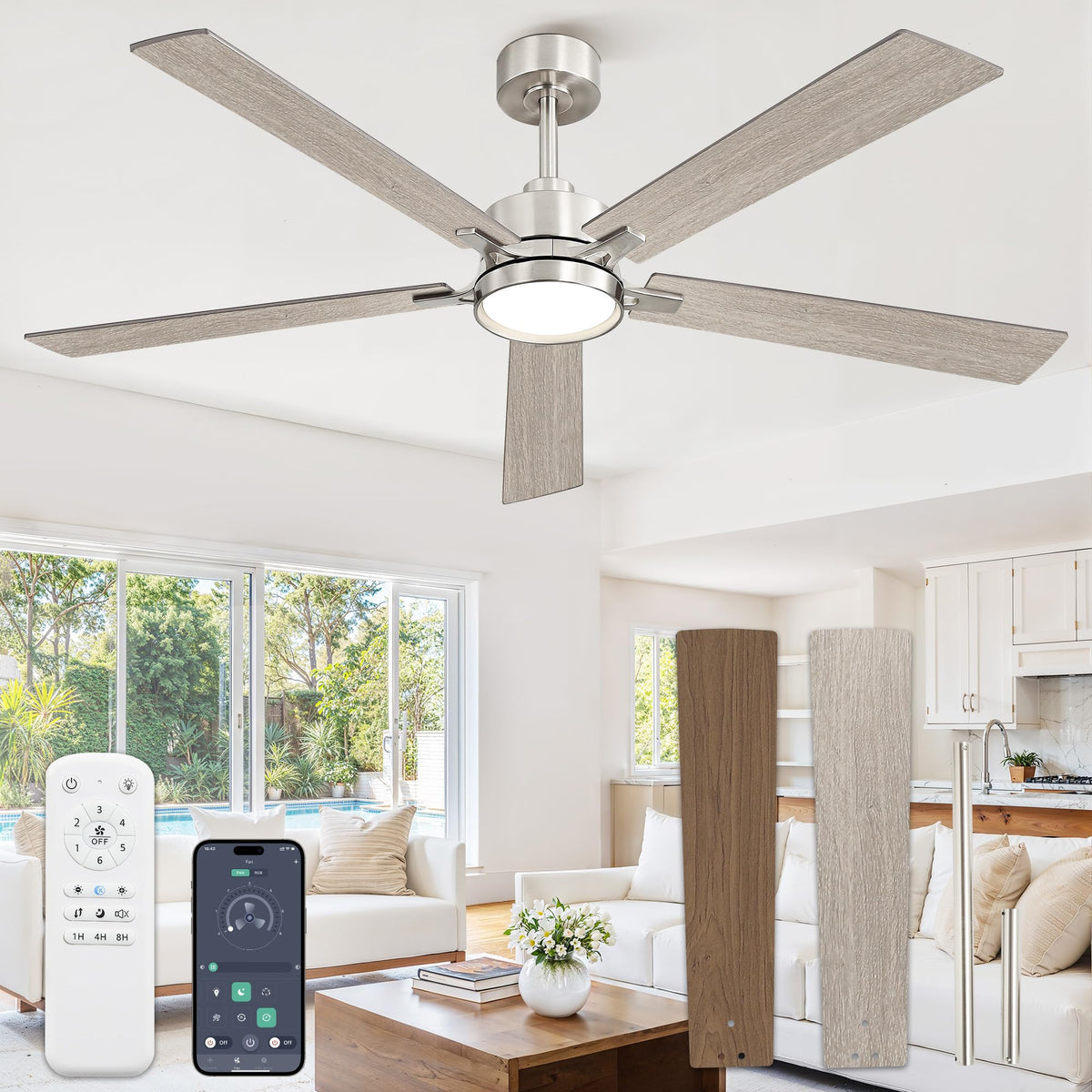 52 Inch Ceiling Fan with Lights,APP&Remote Control,DC Motor | Dimmable LED,3CCT,Memory Function,Dual-Finish Reversible Blades,Damp Rated,6 Speeds,Timer,Living Room,Bedroom,Covered Patio