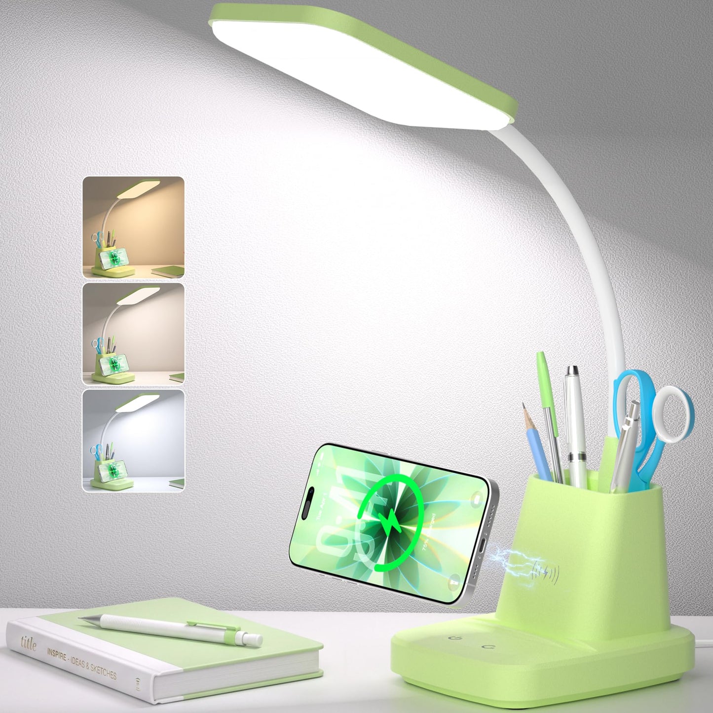 LED Desk Lamp with 10W Wireless Charging & Pen Holder, Black | CRI 95, 800LM, Stepless Dimming, 3 Modes, 360°Flexible Arm, Touch, Study Table Lamp for Home Office, Dorm Room, with Adapter
