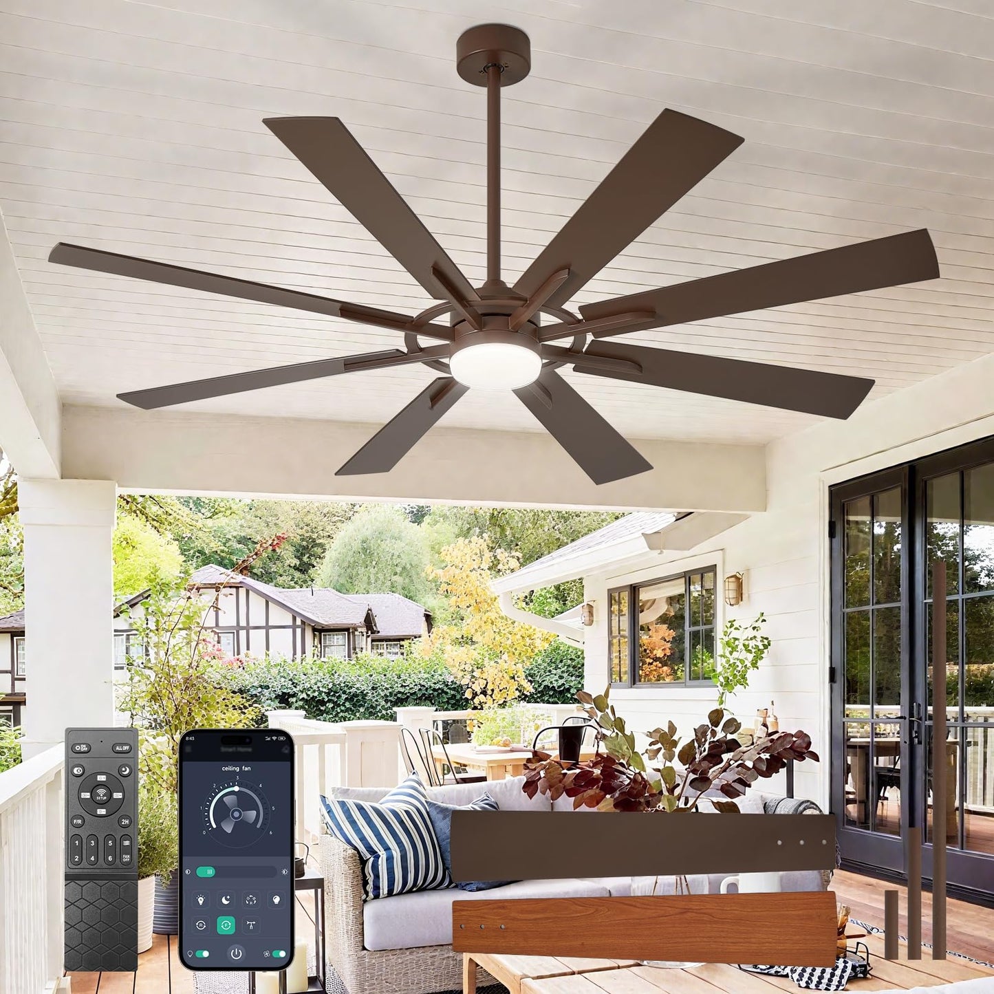 Large Ceiling Fans with Lights: Modern 72 Inch 8 Blade Outdoor Ceiling Fan with Remote APP Control - Dimmable Black Big Fan Light Indoor Reversible 6 Speed Quiet DC Motor