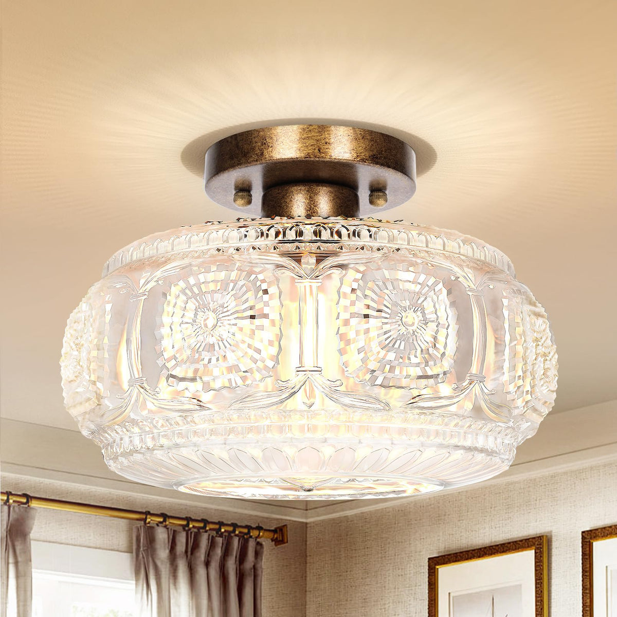 Globe Glass Semi Flush Mount Ceiling Light Fixture, Vintage Gold | Beautiful Light Shadow, Easy to Install, Bright Ambiance, Modern Lighting for Hallway Entryway Kitchen Bathroom Bedroom
