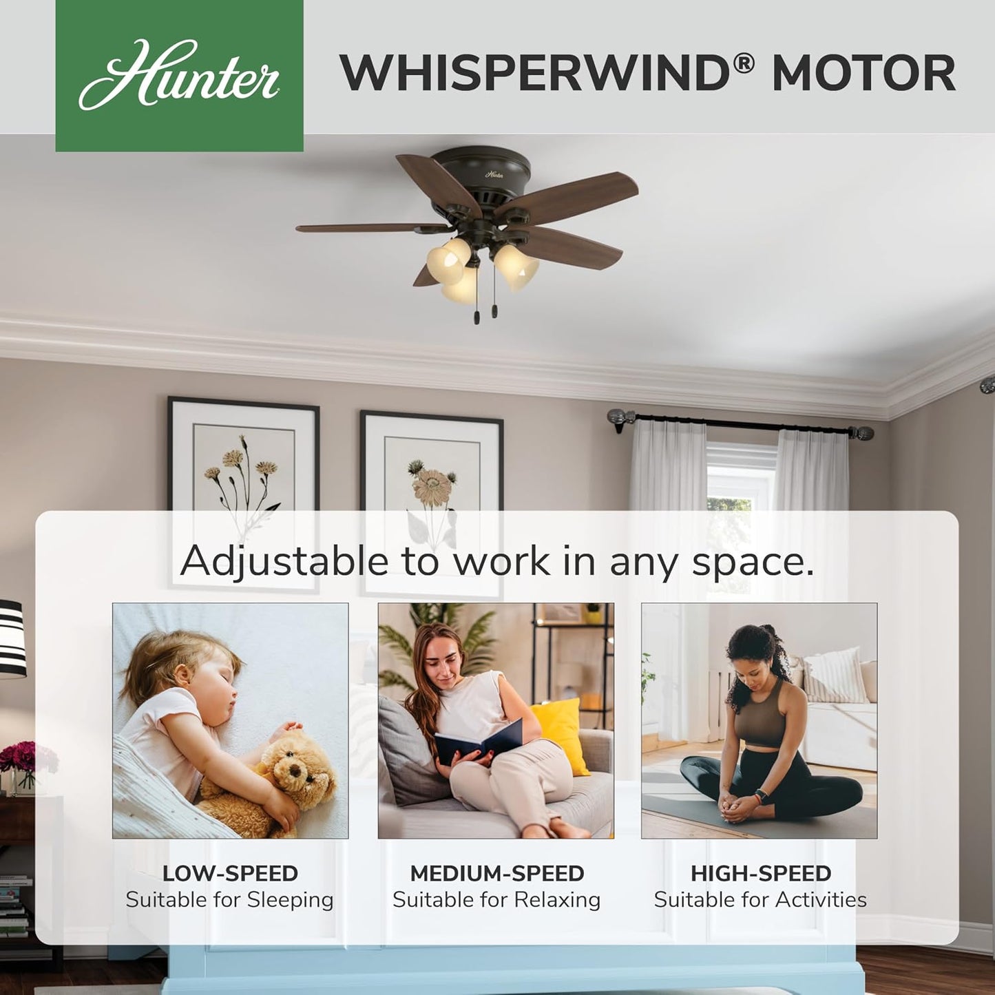 Hunter 42 inch Indoor Ceiling Fan with LED Lights - Bronze Ceiling Fan with Pull Chain, For Bedroom, Living Room, or Kitchen, Low Profile Flush Mount, No Remote, 5 Blades - Builder 51091, New Bronze | Low Profile Flush Mount, Pull Chain, 5 Blades, For Bed