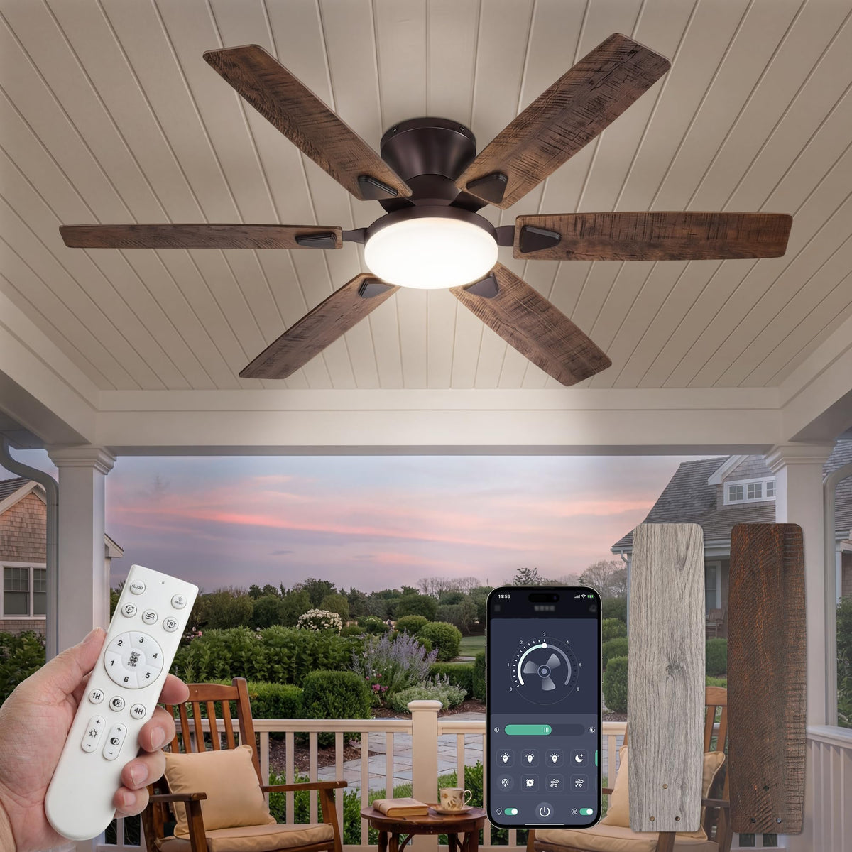 Fanbulous 52 Inch Flush Mount Ceiling Fans with Light, Remote & APP Control | 6-Blade Gentle Breeze,Quiet DC Motor, 3CCT,Dimmable,Memory Function,Reversible, Damp-Rated, Living Room,Bedroom,Covered Patio