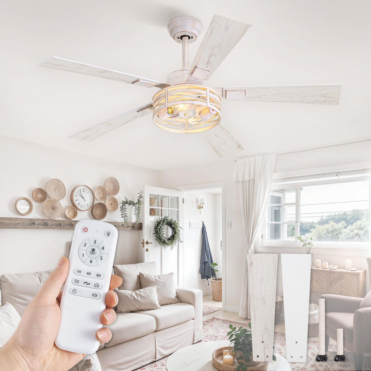 Fanbulous 48" Farmhouse Ceiling Fan with Light & Remote, 2-Light Caged | DC Motor Quiet and Reversible, 6-Speed Adjustable, Dual Finish 5 Blades Rustic for Bedroom and Living Room, Black and Walnut